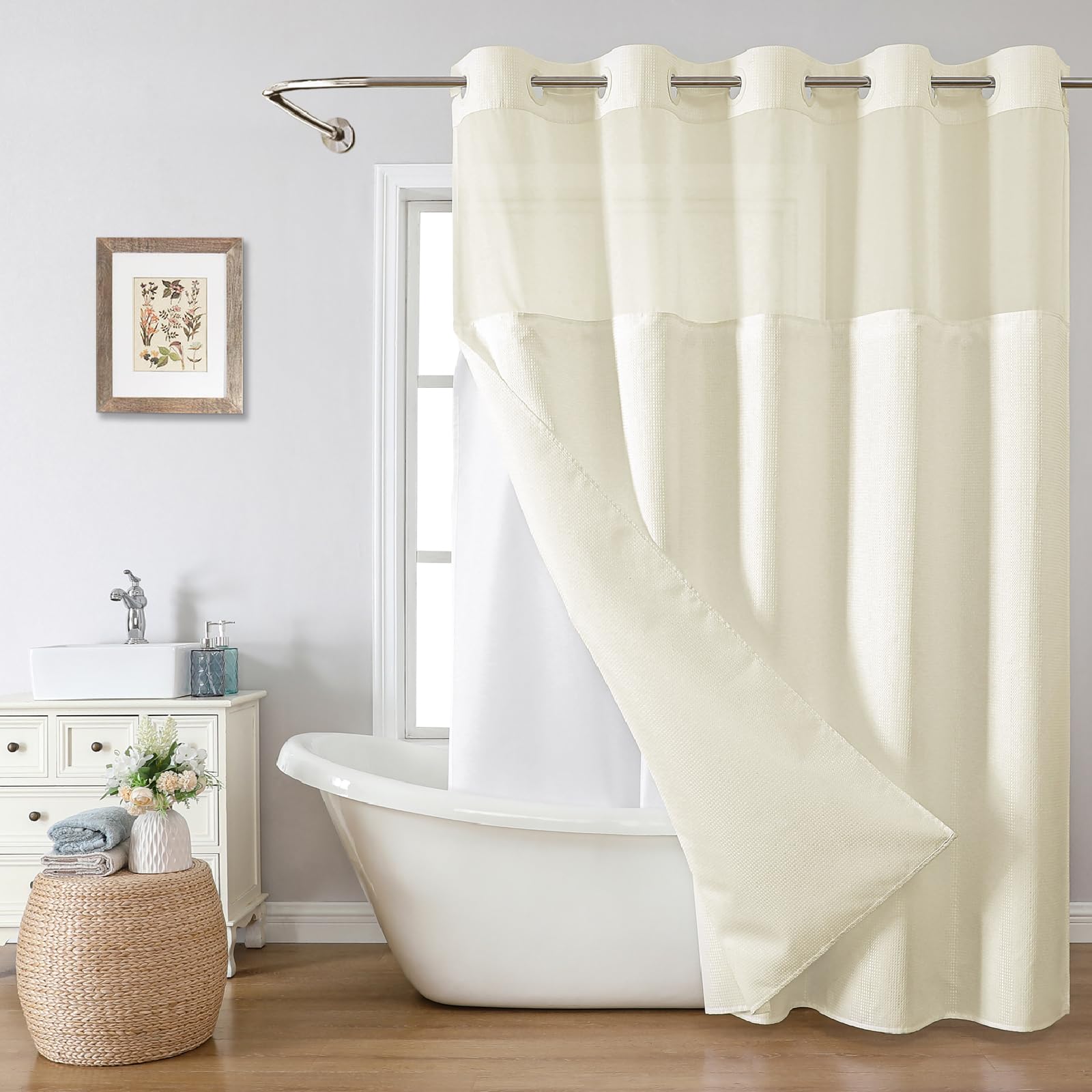 eachope Stall No Hook Shower Curtain with Snap-in Fabric Liner Set,Waffle Weave Shower Curtains for Bathroom,Hotel Luxury Decor Bathroom Curtain Set,Waterproof & Washable,White,54Wx80H