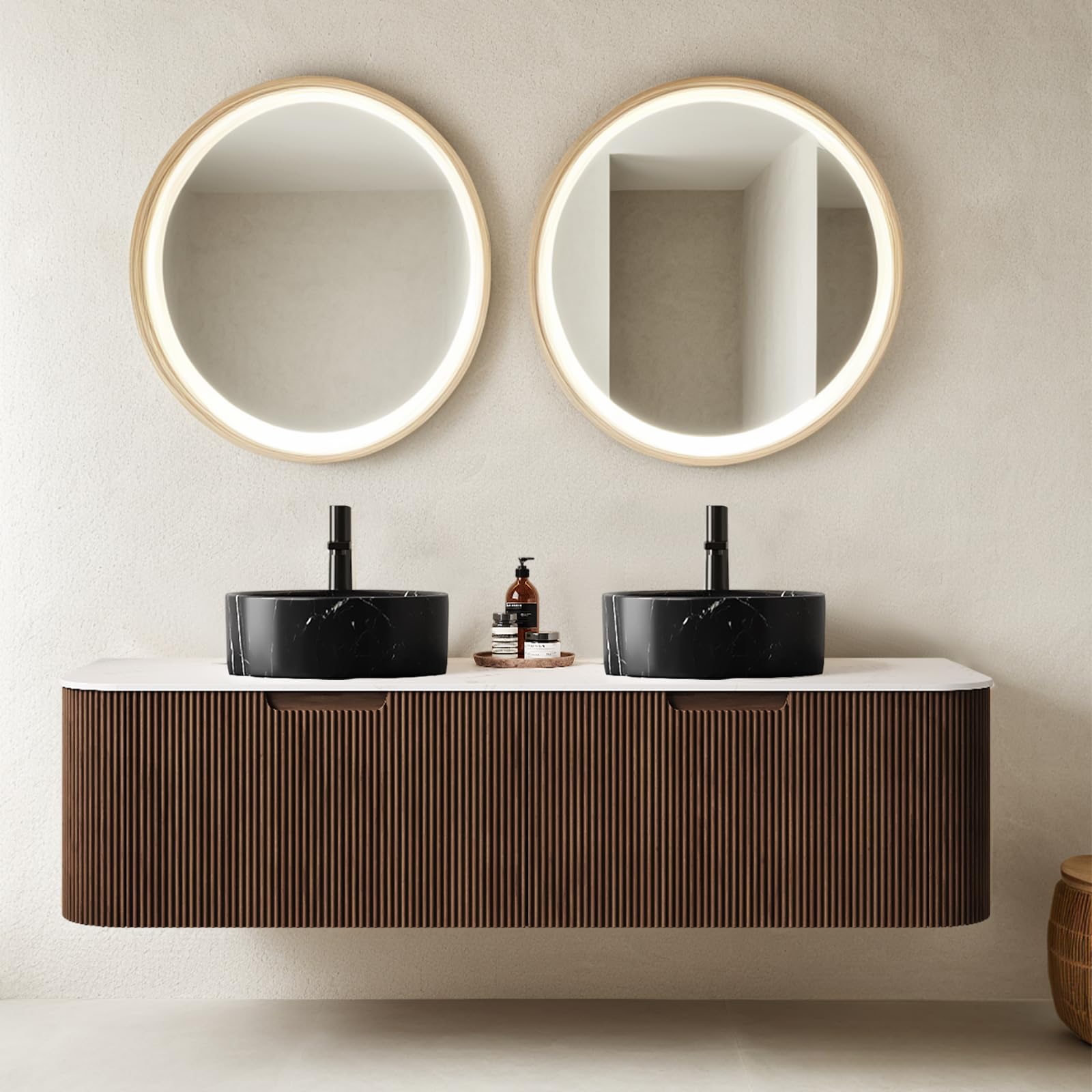 24-Inch Modern Bathroom Vanity with Sink, Floating Cabinet with Ultra-Thin Ceramic Basin and Marble Top, Extra Large Storage Drawer, Soft-Close Design, Nature Wood