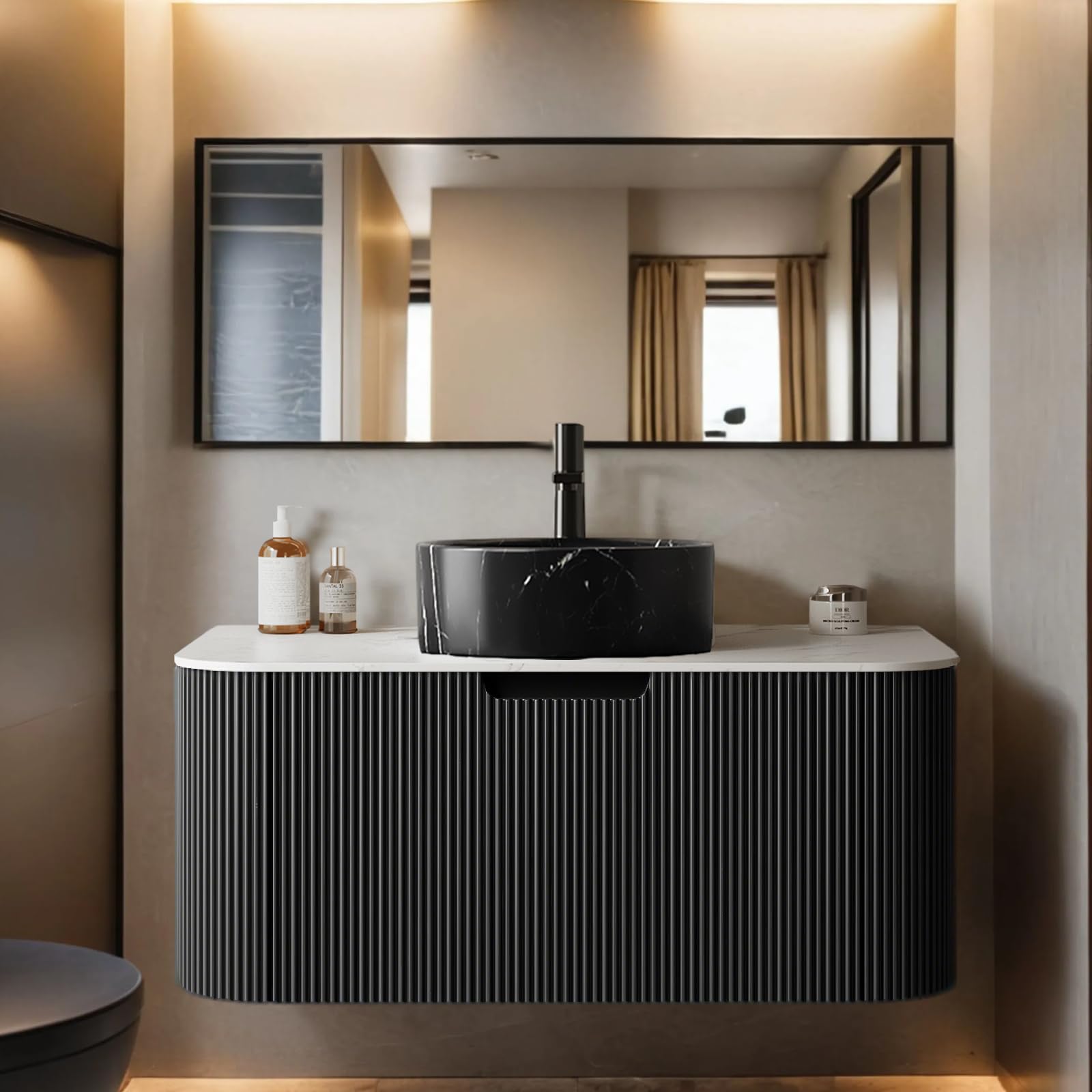 24-Inch Modern Bathroom Vanity with Sink, Floating Cabinet with Ultra-Thin Ceramic Basin and Marble Top, Extra Large Storage Drawer, Soft-Close Design, Nature Wood