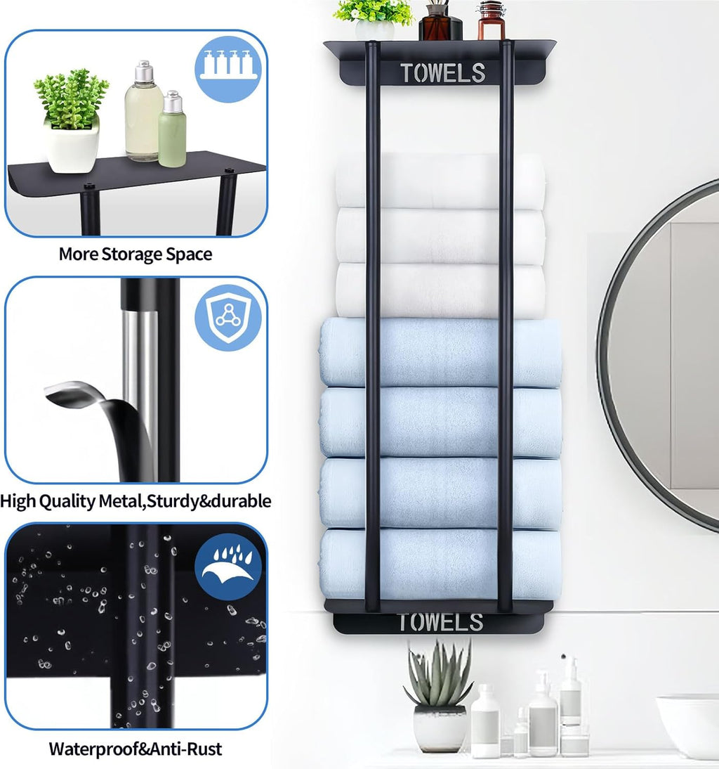 Bathroom Towel Storage Rack,30 Inch Towel Racks for Bathroom Wall Mounted with Shelf Can Holds 8 Large Towels, Metal Wall Towel Rack for Rolled Towels,Folded Towels (Black)