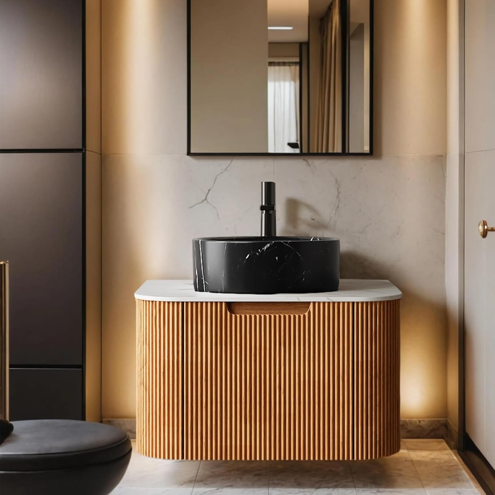 24-Inch Modern Bathroom Vanity with Sink, Floating Cabinet with Ultra-Thin Ceramic Basin and Marble Top, Extra Large Storage Drawer, Soft-Close Design, Nature Wood