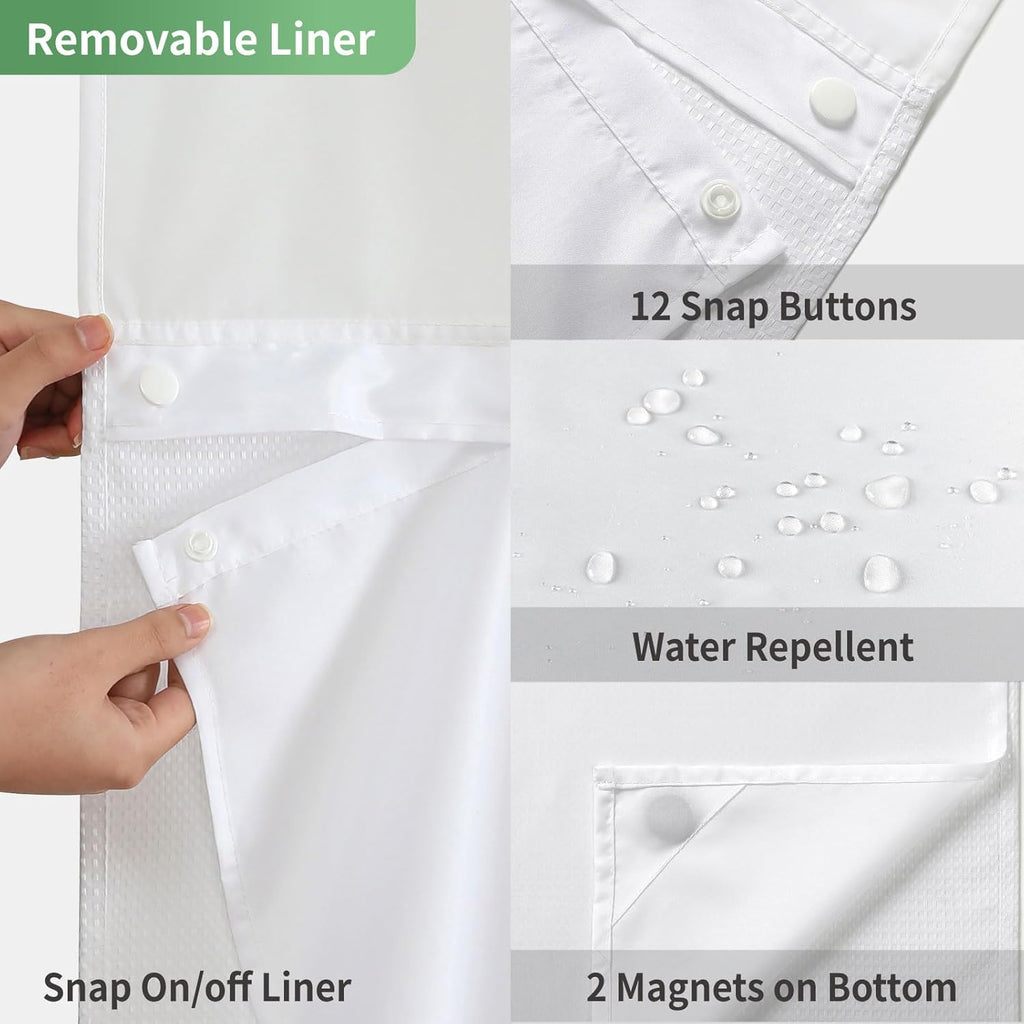 eachope Stall No Hook Shower Curtain with Snap-in Fabric Liner Set,Waffle Weave Shower Curtains for Bathroom,Hotel Luxury Decor Bathroom Curtain Set,Waterproof & Washable,White,54Wx80H