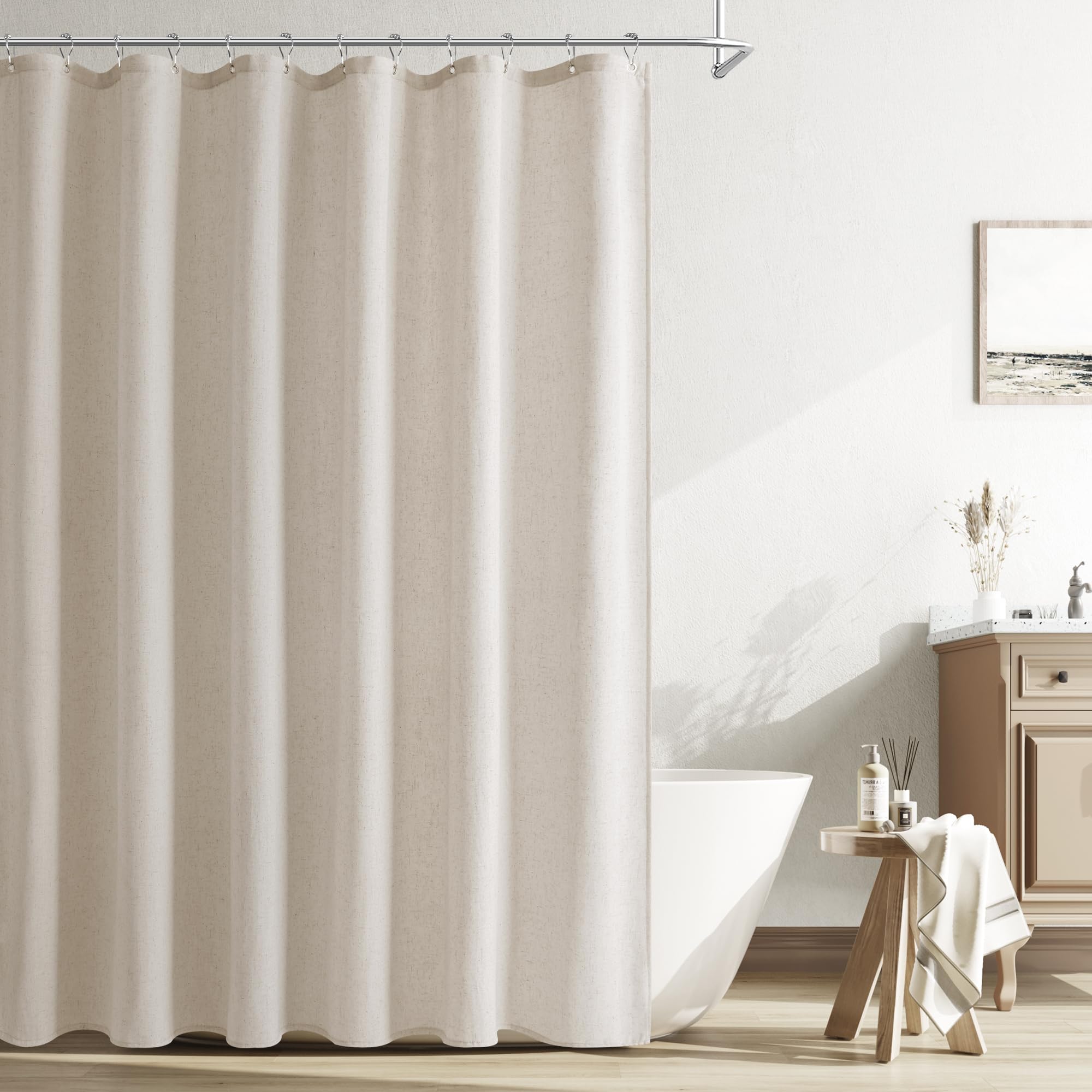 Naturoom Natural Linen Shower Curtain, Country Boho Farmhouse Bath Decor Beige Shower Curtains for Bathroom Neutral Cloth Weighted Textured Fabric Bath Curtain Liner with Hooks, Cream, 72 Inch