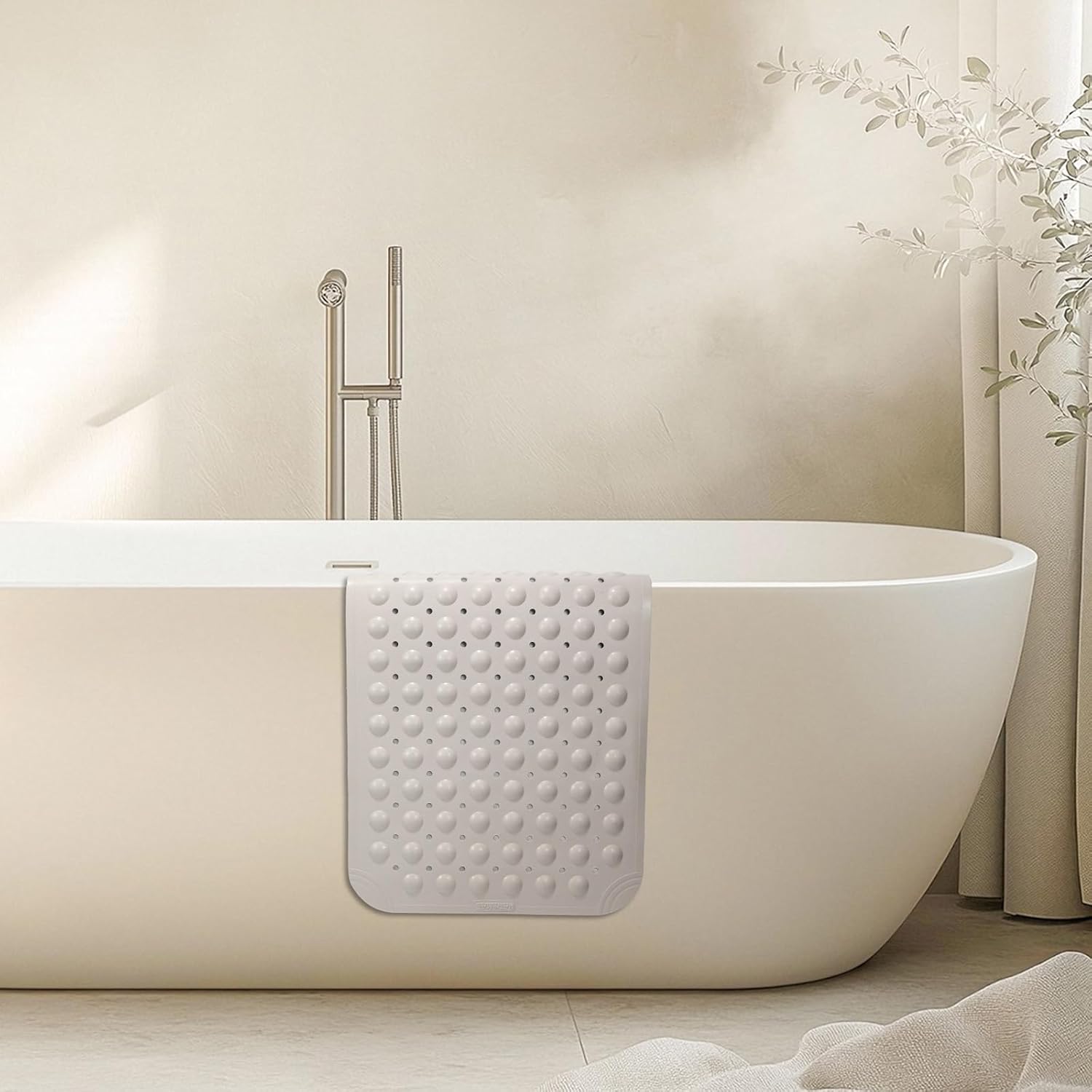 Non Slip Shower Mats for Inside Shower 15 x 27.5 Inch, TPE Bathtub Mat Non-Slip, Bath Mat for Tub with Suction Cups, Drain Holes Bath Tub Mat for Bathroom (Beige)