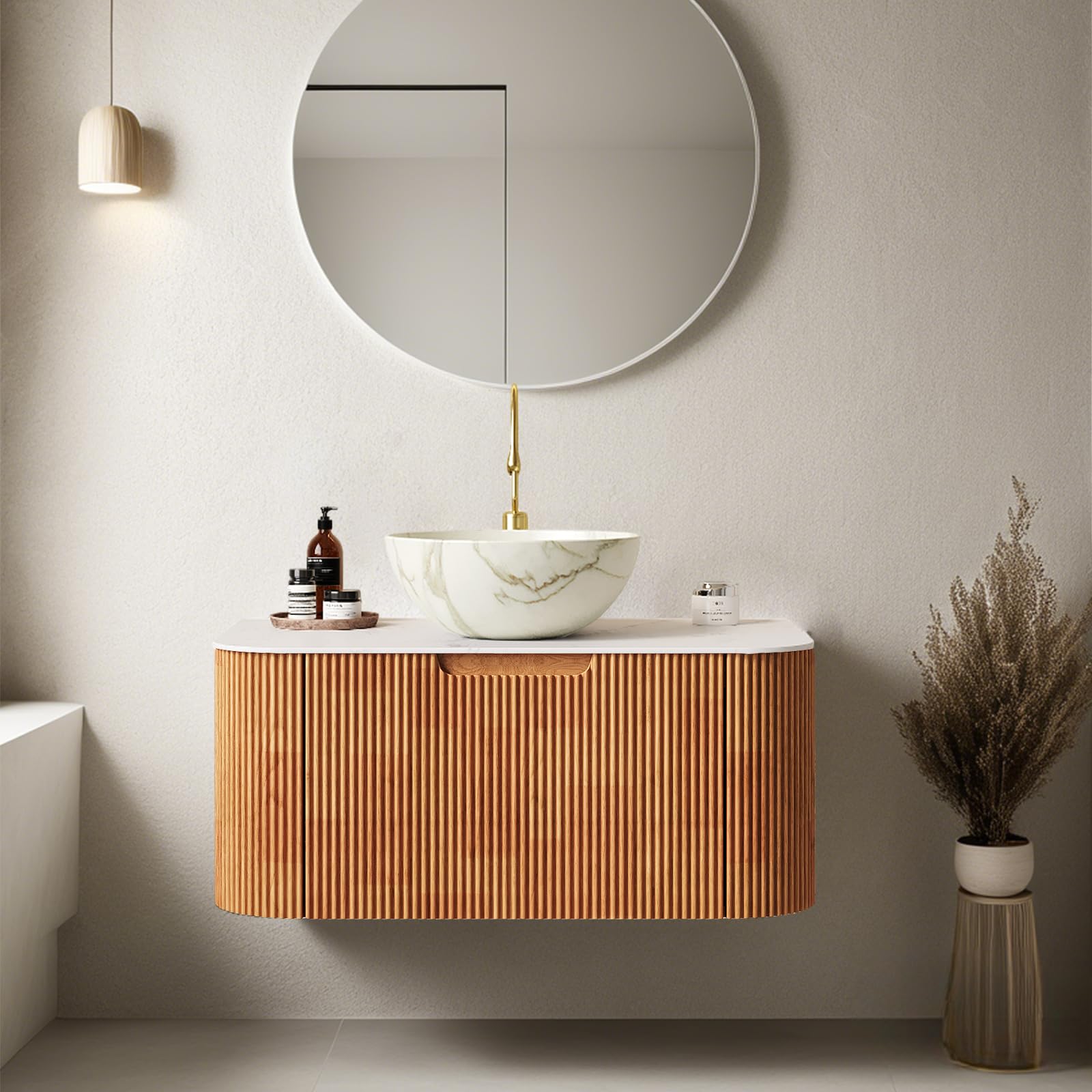 24-Inch Modern Bathroom Vanity with Sink, Floating Cabinet with Ultra-Thin Ceramic Basin and Marble Top, Extra Large Storage Drawer, Soft-Close Design, Nature Wood