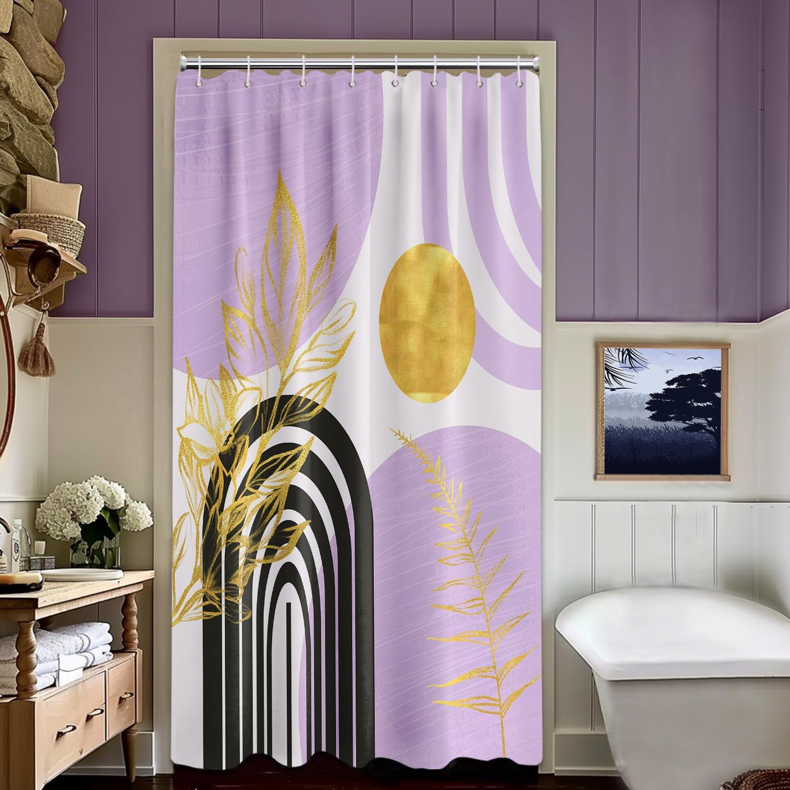 Mid Century Modern Black and Brown Shower Curtain Boho Beige and Dark Tan Gold Shower Curtains for Mens Bathroom Decor Sets, Waterproof Cloth Fabric with Hooks, 70x72in