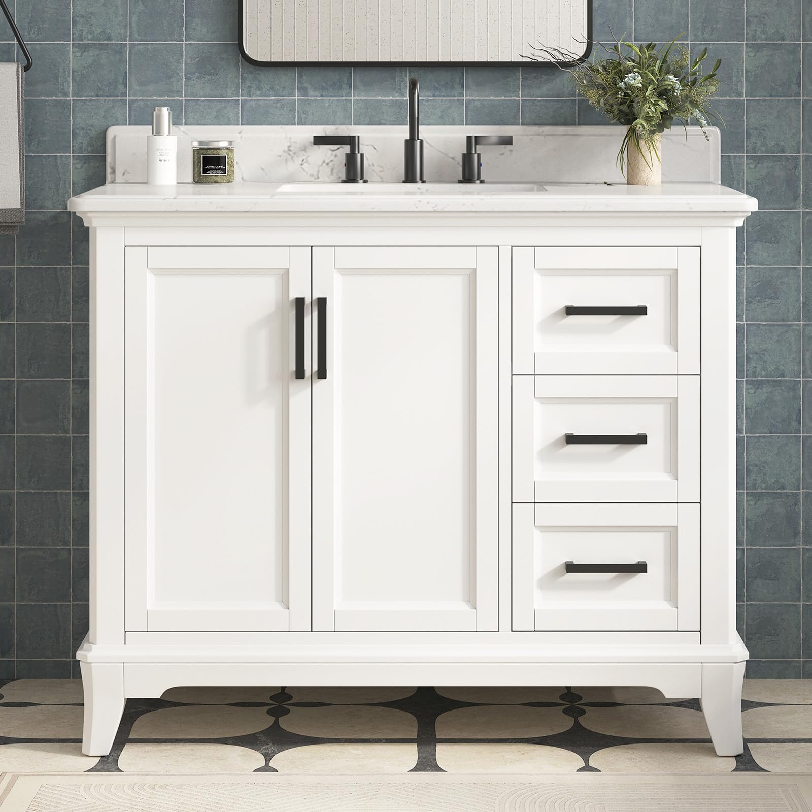48 Inch Bathroom Vanity with Sink, Modern Steel Blue Bathroom Vanities with Soft Closing Doors & Dovetail Drawers, Quartz Countertop, No Assembly Required