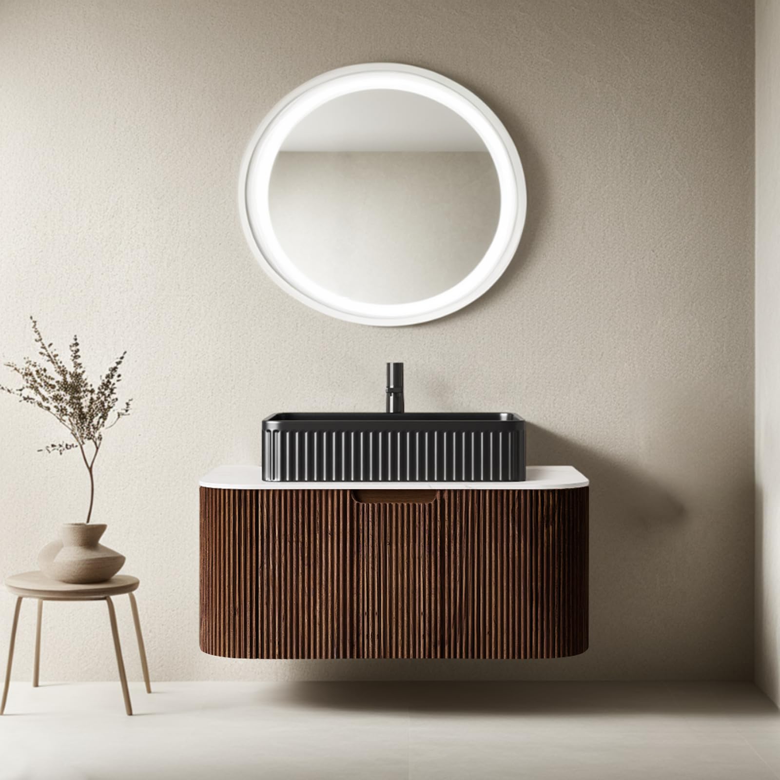 24-Inch Modern Bathroom Vanity with Sink, Floating Cabinet with Ultra-Thin Ceramic Basin and Marble Top, Extra Large Storage Drawer, Soft-Close Design, Nature Wood