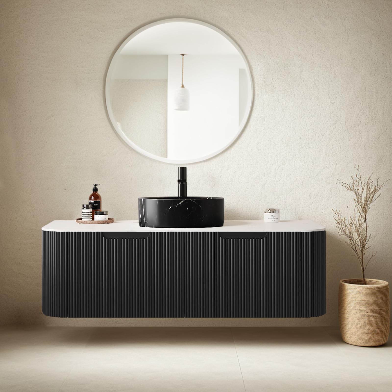 24-Inch Modern Bathroom Vanity with Sink, Floating Cabinet with Ultra-Thin Ceramic Basin and Marble Top, Extra Large Storage Drawer, Soft-Close Design, Nature Wood