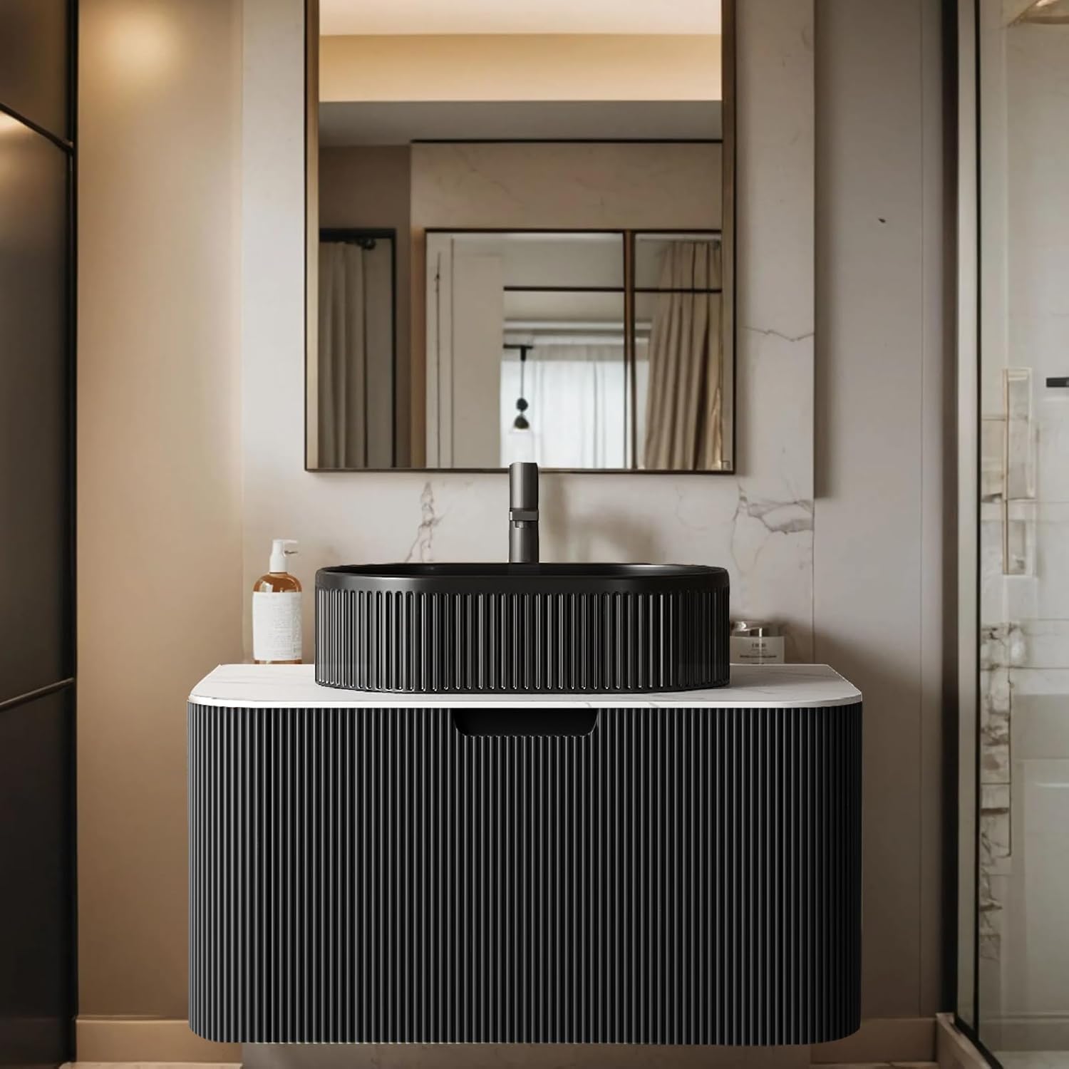 24-Inch Modern Bathroom Vanity with Sink, Floating Cabinet with Ultra-Thin Ceramic Basin and Marble Top, Extra Large Storage Drawer, Soft-Close Design, Nature Wood