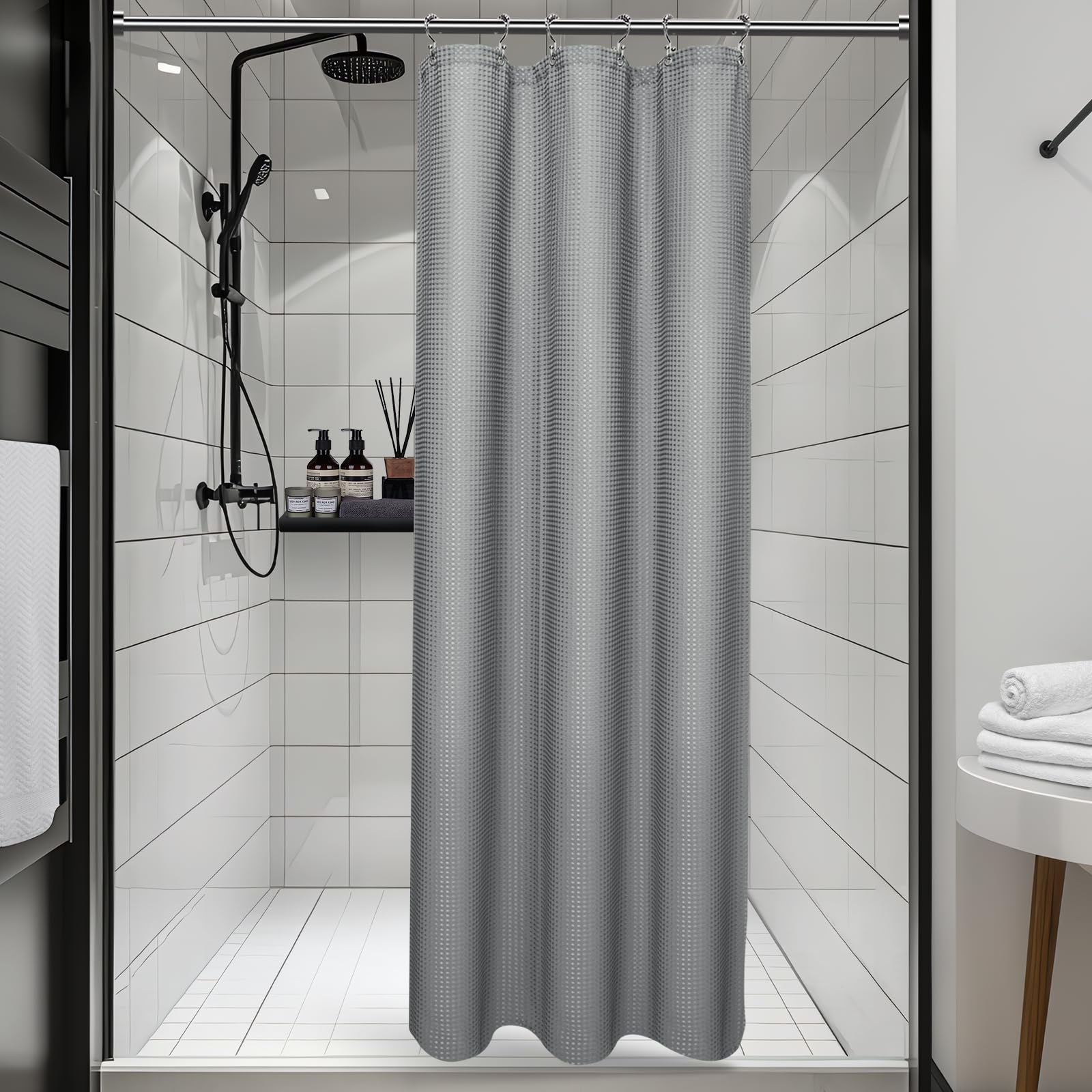 Vipfree 3 in 1 Shower Curtain Set, Waffle Shower Curtain and Liner Set with 12 Double Sided Shower Curtain Hooks, 258GSM Luxury Weighted Cloth Shower Curtains for Bathroom, 72 W x 72 H, White