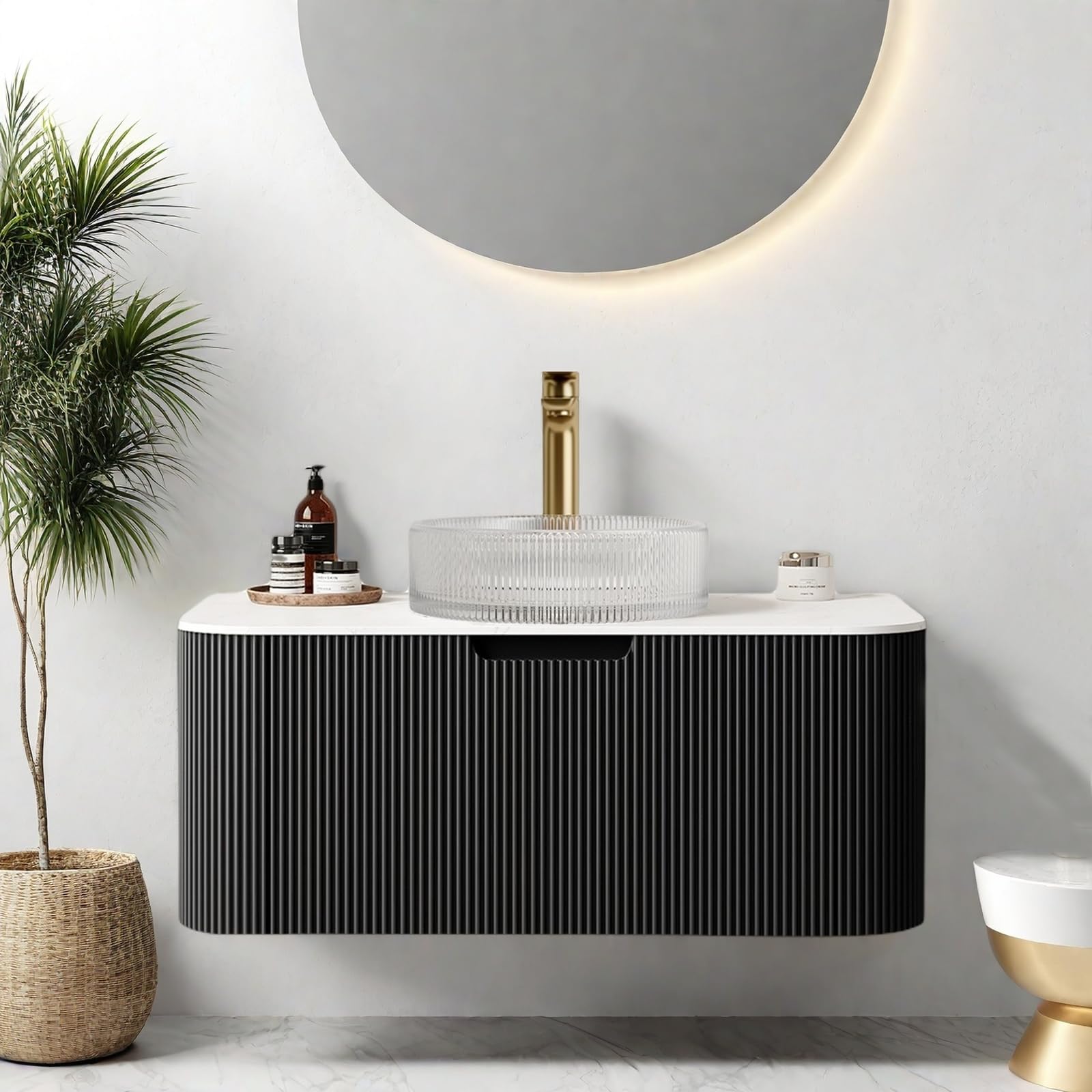 24-Inch Modern Bathroom Vanity with Sink, Floating Cabinet with Ultra-Thin Ceramic Basin and Marble Top, Extra Large Storage Drawer, Soft-Close Design, Nature Wood