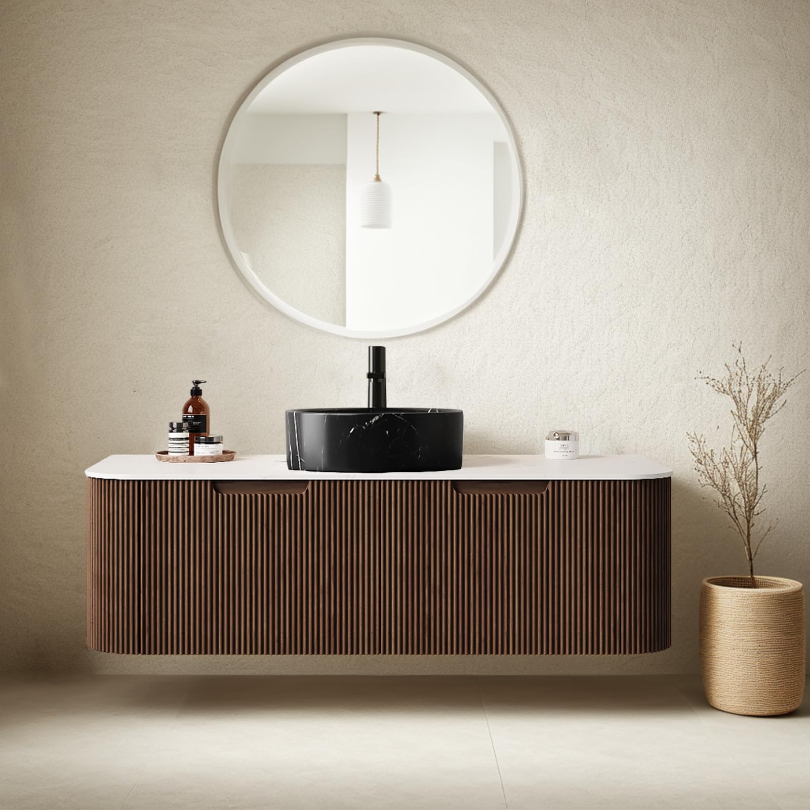 24-Inch Modern Bathroom Vanity with Sink, Floating Cabinet with Ultra-Thin Ceramic Basin and Marble Top, Extra Large Storage Drawer, Soft-Close Design, Nature Wood