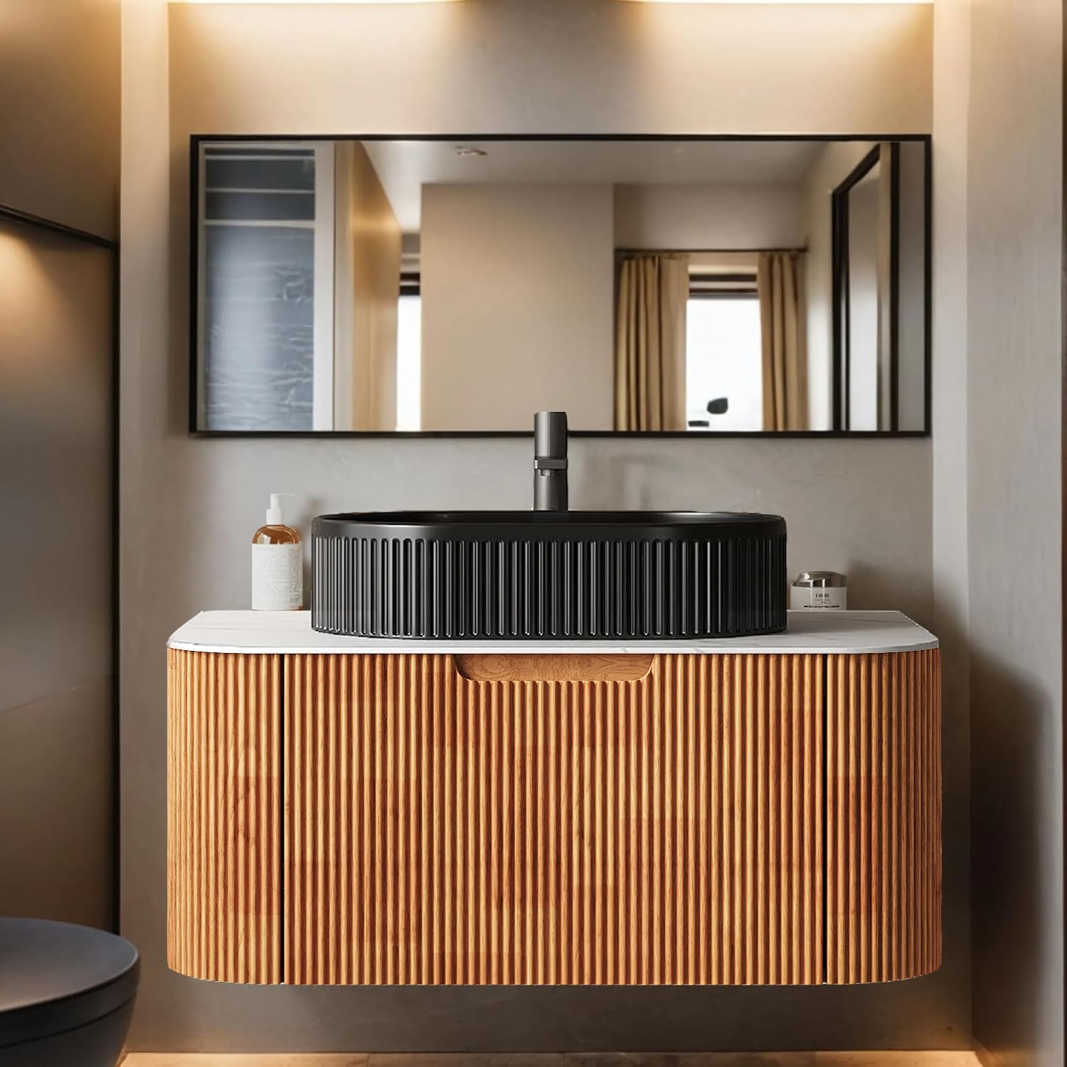 24-Inch Modern Bathroom Vanity with Sink, Floating Cabinet with Ultra-Thin Ceramic Basin and Marble Top, Extra Large Storage Drawer, Soft-Close Design, Nature Wood