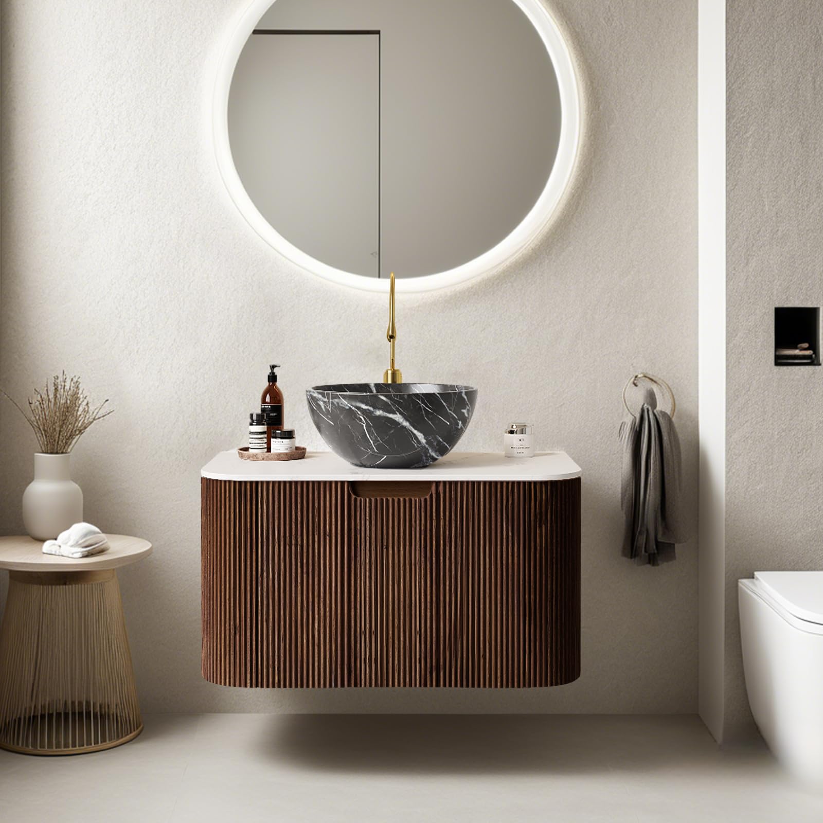 24-Inch Modern Bathroom Vanity with Sink, Floating Cabinet with Ultra-Thin Ceramic Basin and Marble Top, Extra Large Storage Drawer, Soft-Close Design, Nature Wood