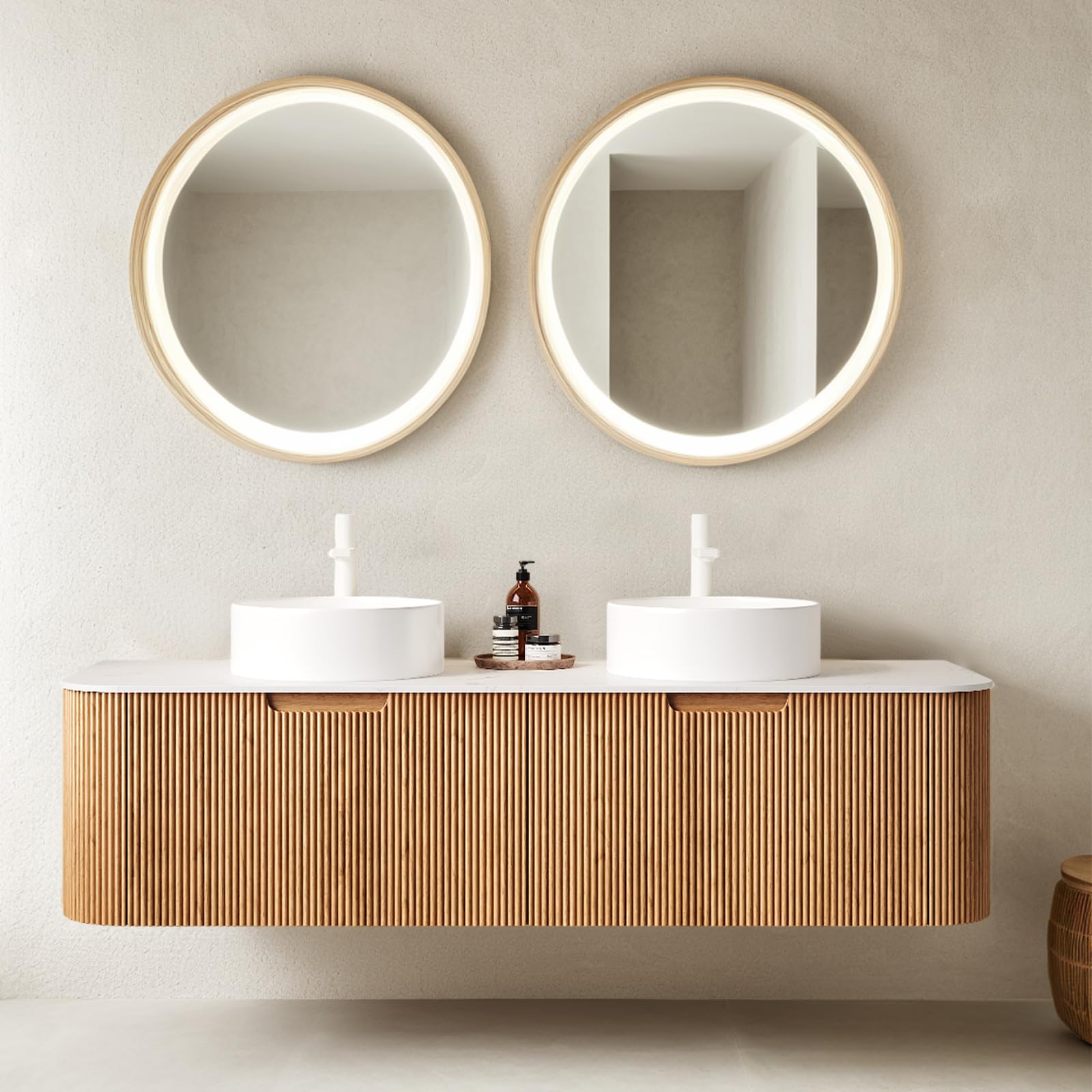 24-Inch Modern Bathroom Vanity with Sink, Floating Cabinet with Ultra-Thin Ceramic Basin and Marble Top, Extra Large Storage Drawer, Soft-Close Design, Nature Wood