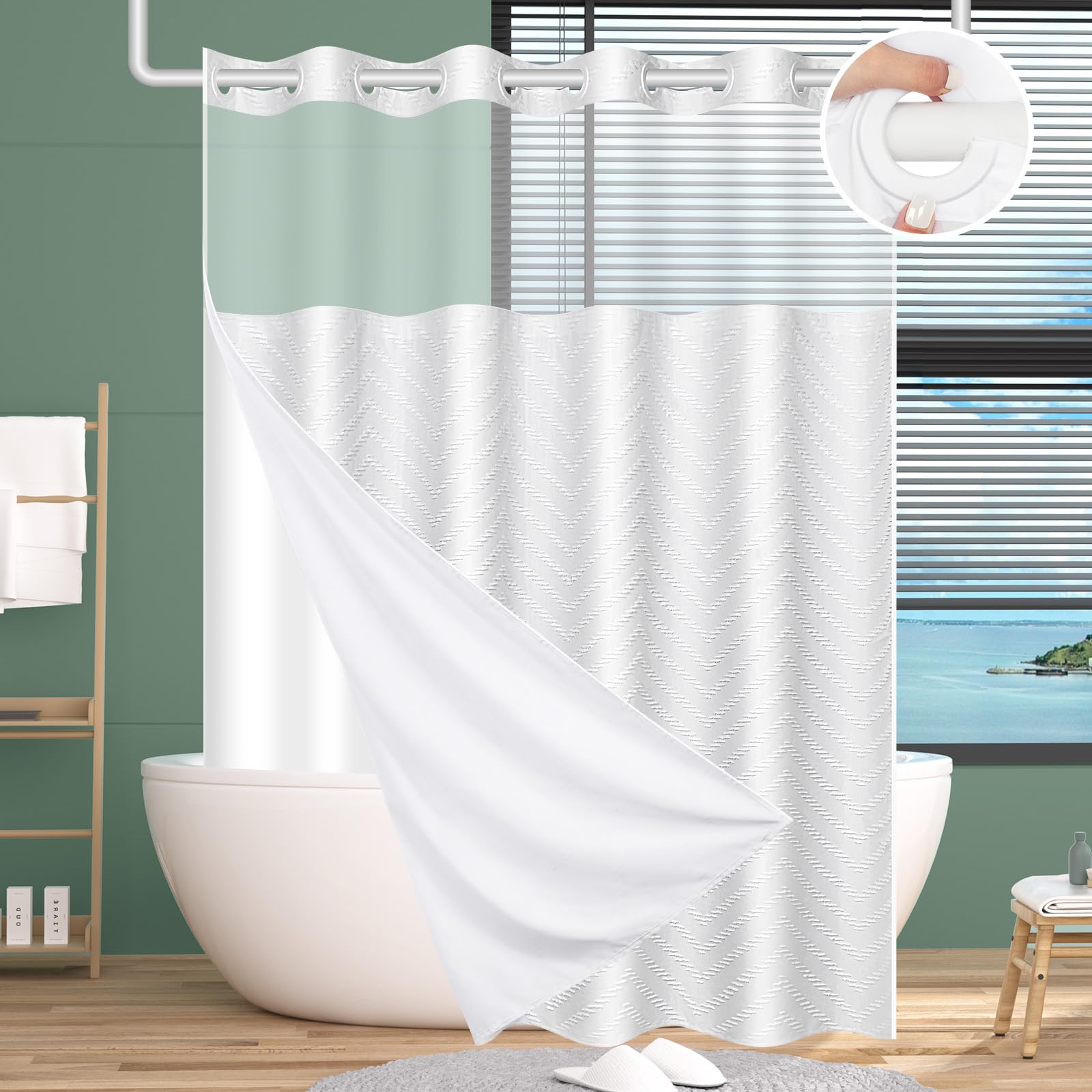 FADOTY No Hook Shower Curtain and Liner Set, Black Snap in Shower Curtain Ringless Chevron Tufted Cloth Waterproof Washable Fabric Bath Curtain with See Through Top Window for Bathroom Hotel 71" x 74"