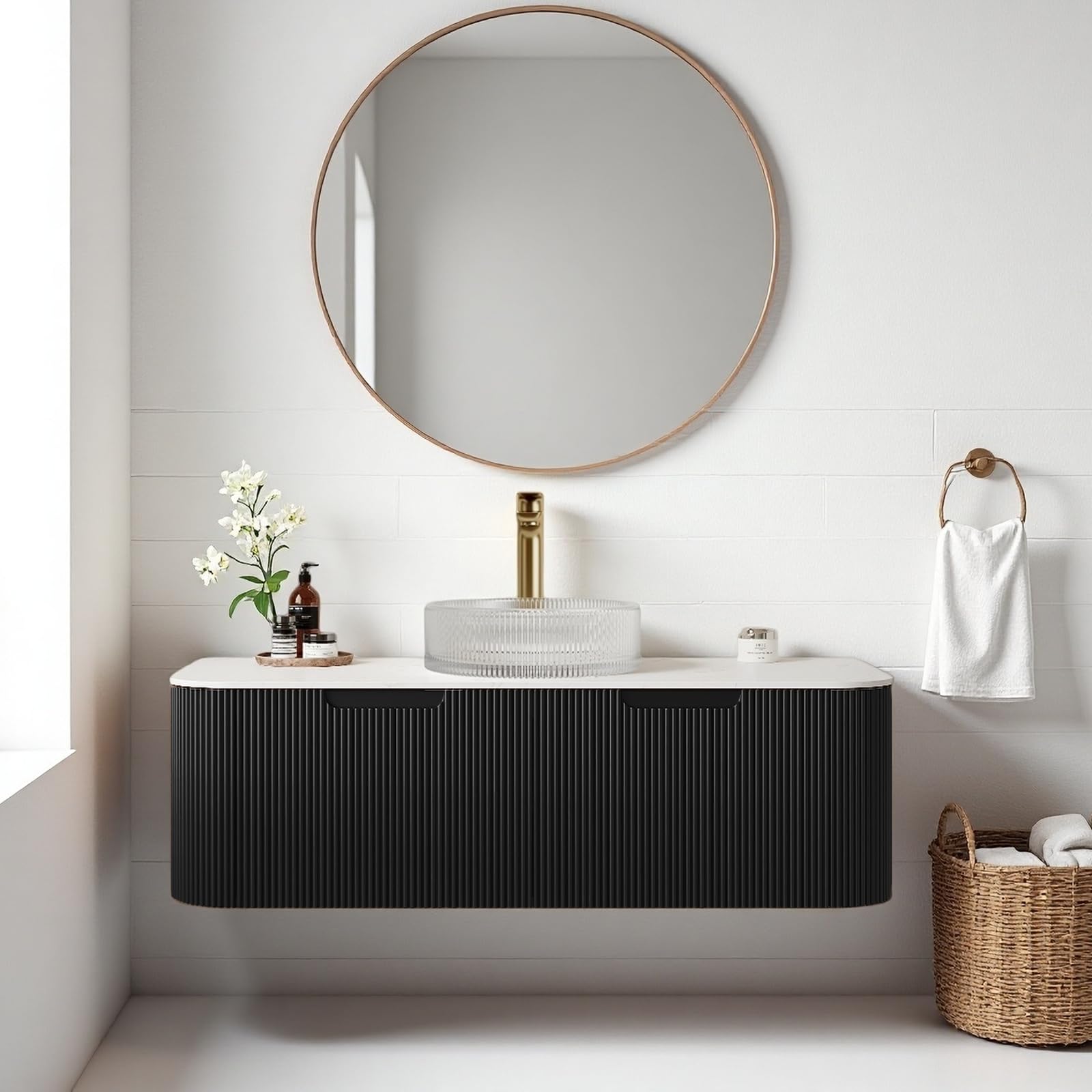 24-Inch Modern Bathroom Vanity with Sink, Floating Cabinet with Ultra-Thin Ceramic Basin and Marble Top, Extra Large Storage Drawer, Soft-Close Design, Nature Wood