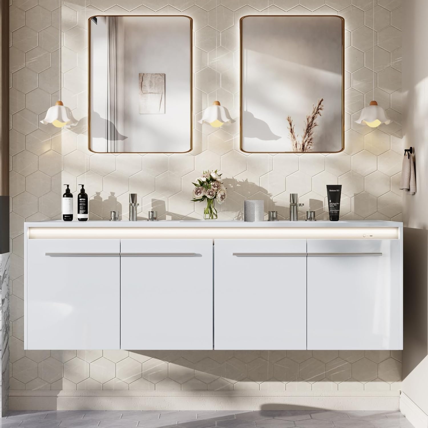 AMERLIFE 60" LED Floating Bathroom Double Vanity with Sink, Modern High Gloss Wall Mounted Bathroom Storage Cabinet with 3 Hole Sink, Metal Handles & Soft Closing Doors, White
