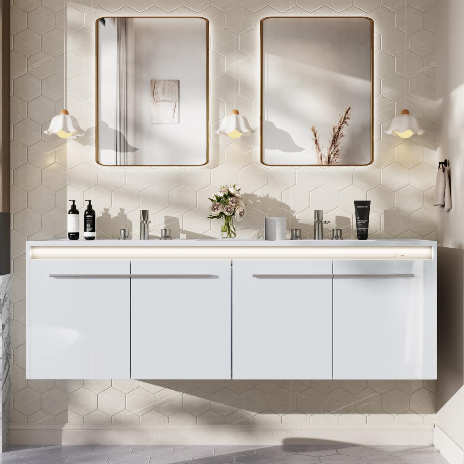 AMERLIFE 60" LED Floating Bathroom Double Vanity with Sink, Modern High Gloss Wall Mounted Bathroom Storage Cabinet with 3 Hole Sink, Metal Handles & Soft Closing Doors, White