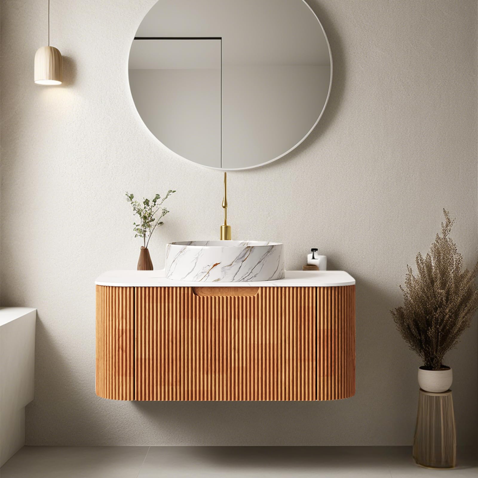 24-Inch Modern Bathroom Vanity with Sink, Floating Cabinet with Ultra-Thin Ceramic Basin and Marble Top, Extra Large Storage Drawer, Soft-Close Design, Nature Wood