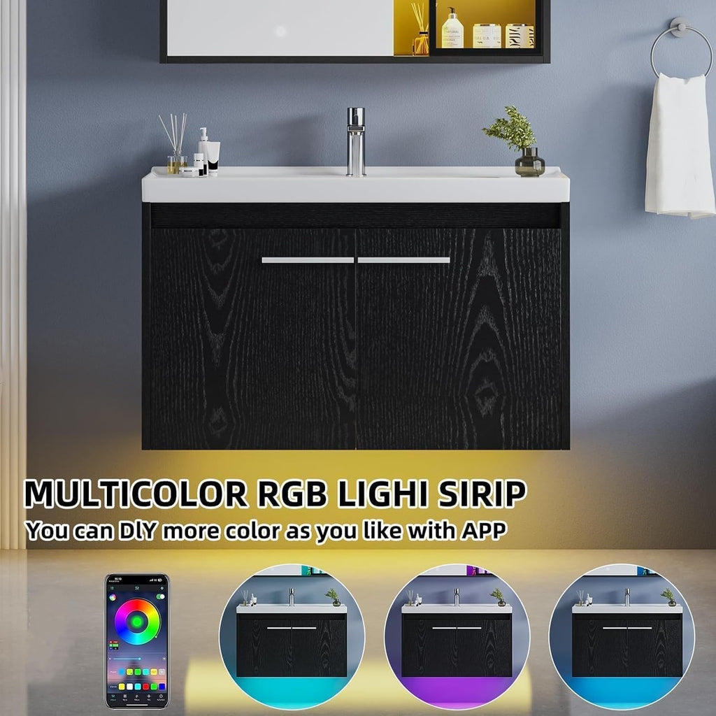 4ever2buy 31" Floating Bathroom Vanity with Sink, Modern Black Bathroom Vanity with LED Light, Wall Mounted Sink Cabinet with 2 Doors, Black