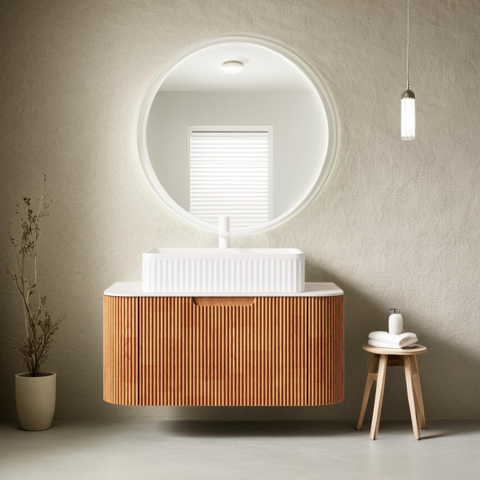 24-Inch Modern Bathroom Vanity with Sink, Floating Cabinet with Ultra-Thin Ceramic Basin and Marble Top, Extra Large Storage Drawer, Soft-Close Design, Nature Wood