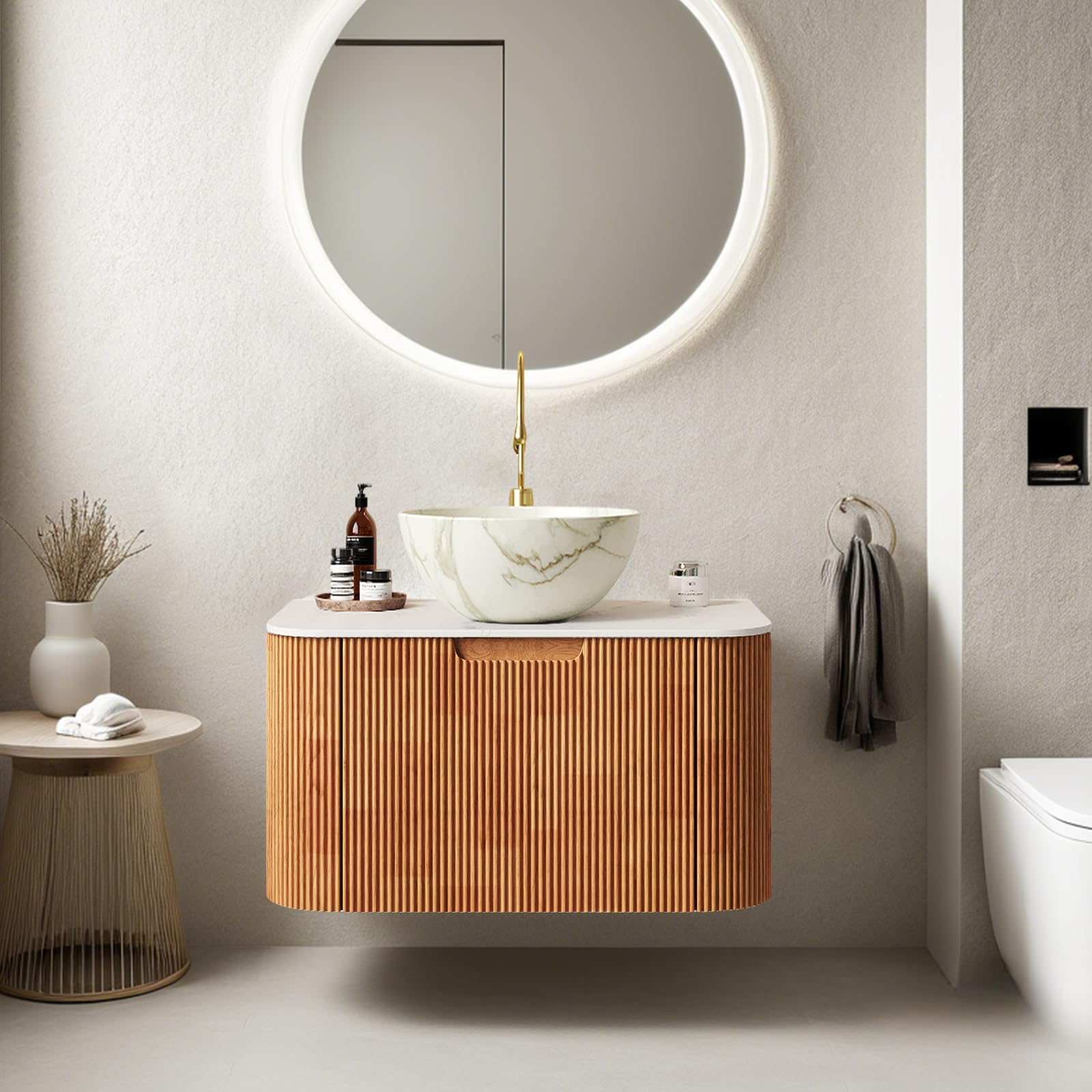 24-Inch Modern Bathroom Vanity with Sink, Floating Cabinet with Ultra-Thin Ceramic Basin and Marble Top, Extra Large Storage Drawer, Soft-Close Design, Nature Wood