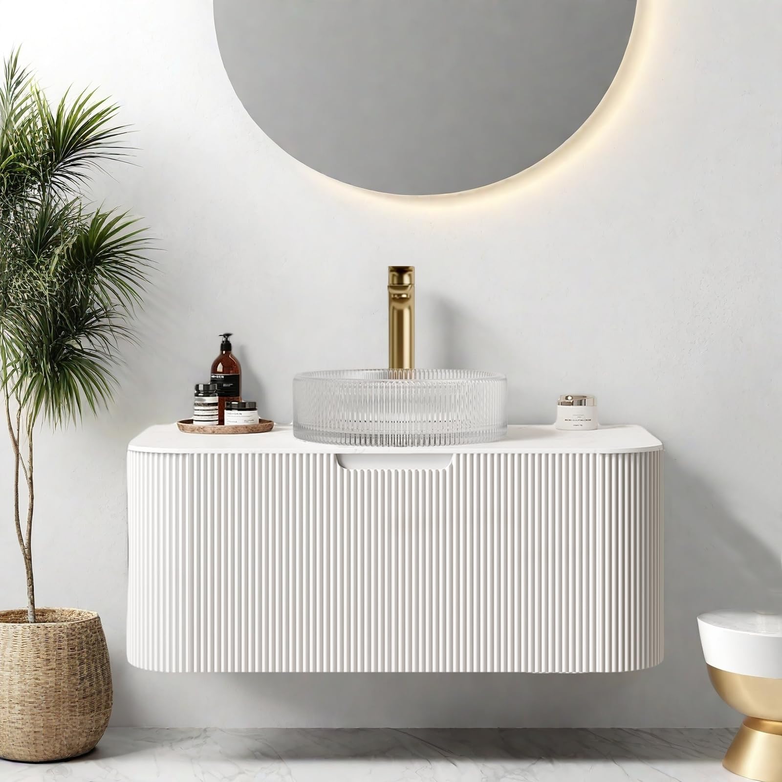 24-Inch Modern Bathroom Vanity with Sink, Floating Cabinet with Ultra-Thin Ceramic Basin and Marble Top, Extra Large Storage Drawer, Soft-Close Design, Nature Wood