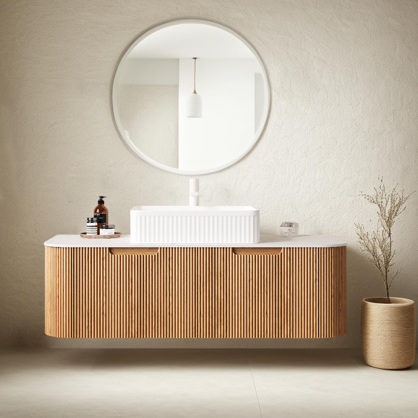 24-Inch Modern Bathroom Vanity with Sink, Floating Cabinet with Ultra-Thin Ceramic Basin and Marble Top, Extra Large Storage Drawer, Soft-Close Design, Nature Wood