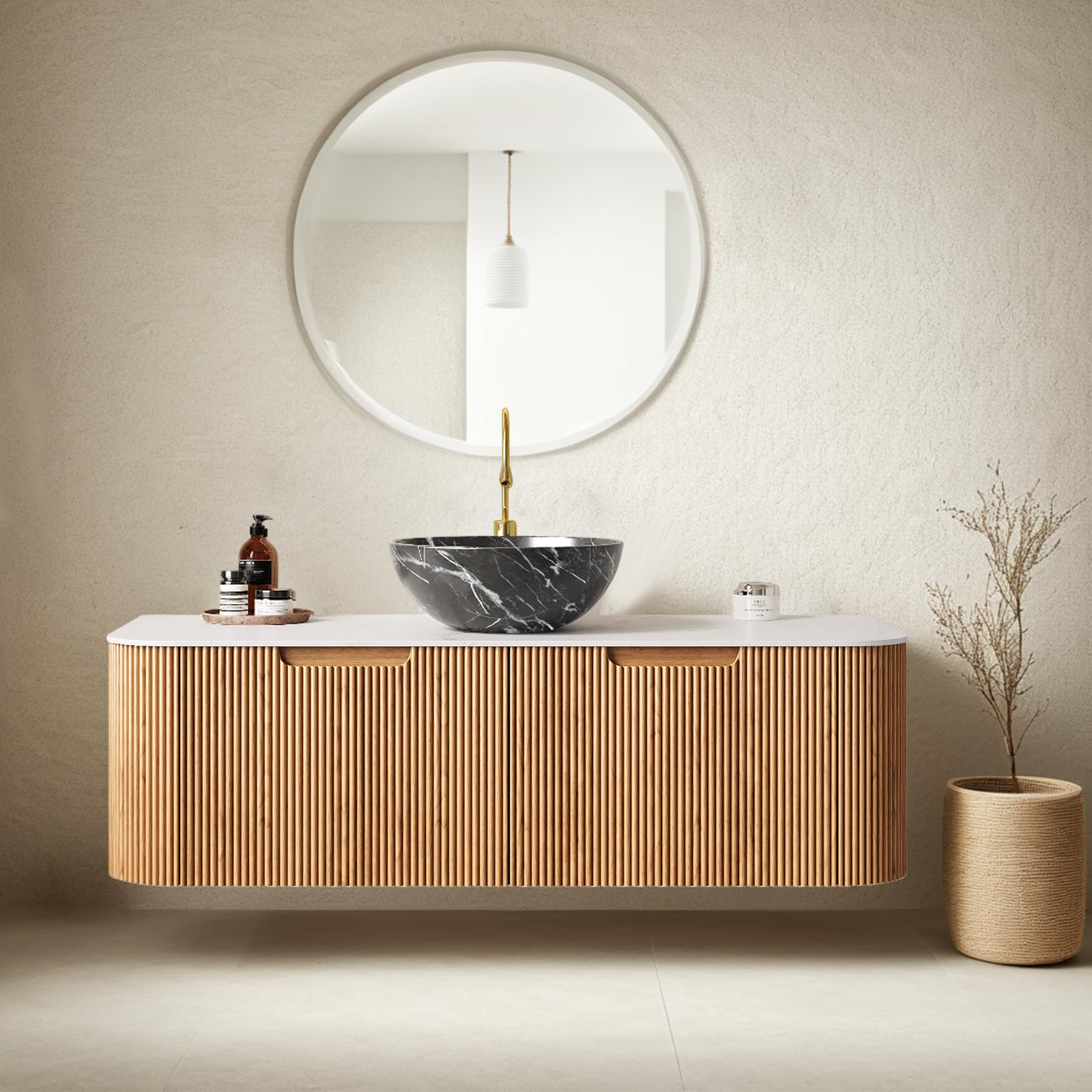 24-Inch Modern Bathroom Vanity with Sink, Floating Cabinet with Ultra-Thin Ceramic Basin and Marble Top, Extra Large Storage Drawer, Soft-Close Design, Nature Wood