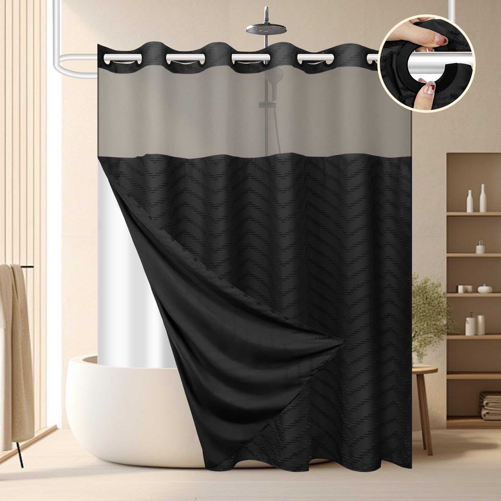 FADOTY No Hook Shower Curtain and Liner Set, Black Snap in Shower Curtain Ringless Chevron Tufted Cloth Waterproof Washable Fabric Bath Curtain with See Through Top Window for Bathroom Hotel 71" x 74"