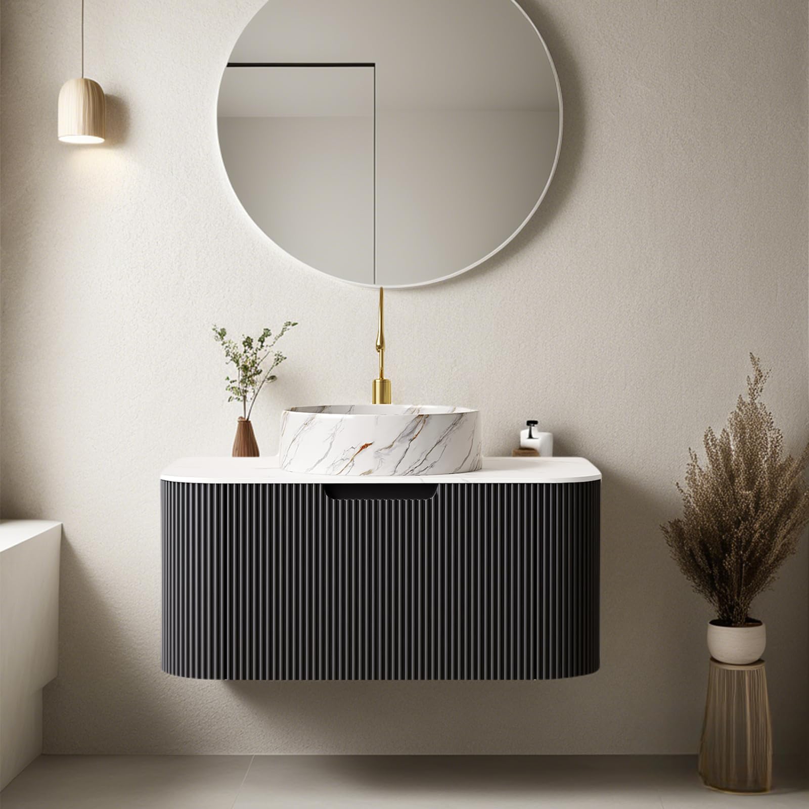 24-Inch Modern Bathroom Vanity with Sink, Floating Cabinet with Ultra-Thin Ceramic Basin and Marble Top, Extra Large Storage Drawer, Soft-Close Design, Nature Wood