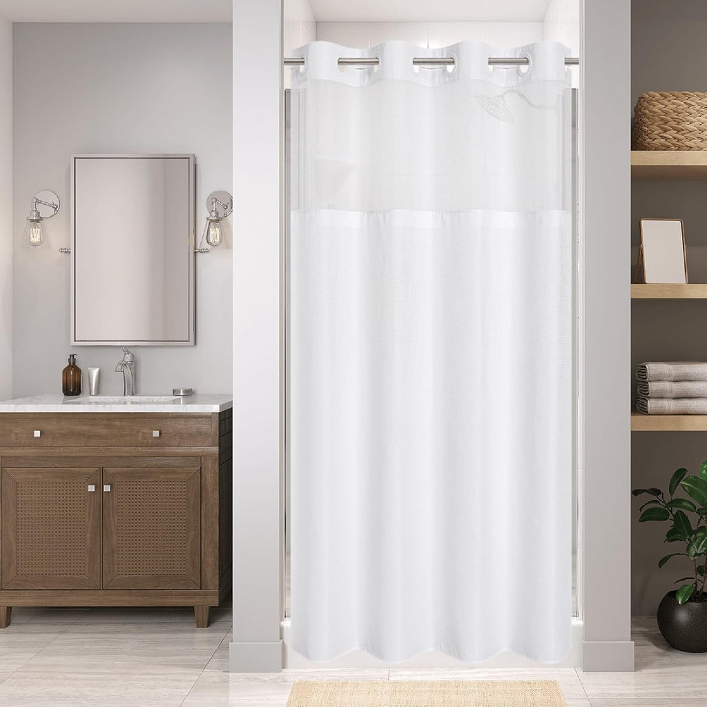 eachope Stall No Hook Shower Curtain with Snap-in Fabric Liner Set,Waffle Weave Shower Curtains for Bathroom,Hotel Luxury Decor Bathroom Curtain Set,Waterproof & Washable,White,54Wx80H