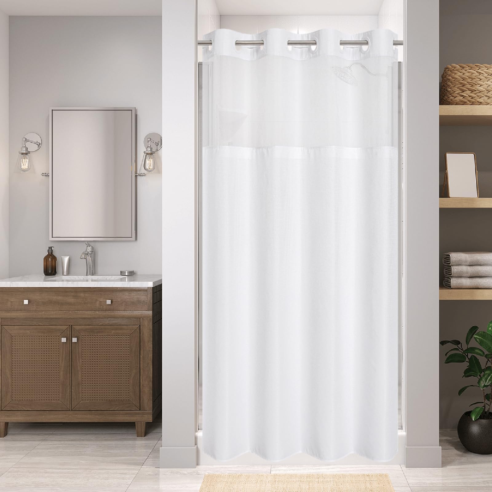 eachope Stall No Hook Shower Curtain with Snap-in Fabric Liner Set,Waffle Weave Shower Curtains for Bathroom,Hotel Luxury Decor Bathroom Curtain Set,Waterproof & Washable,White,54Wx80H