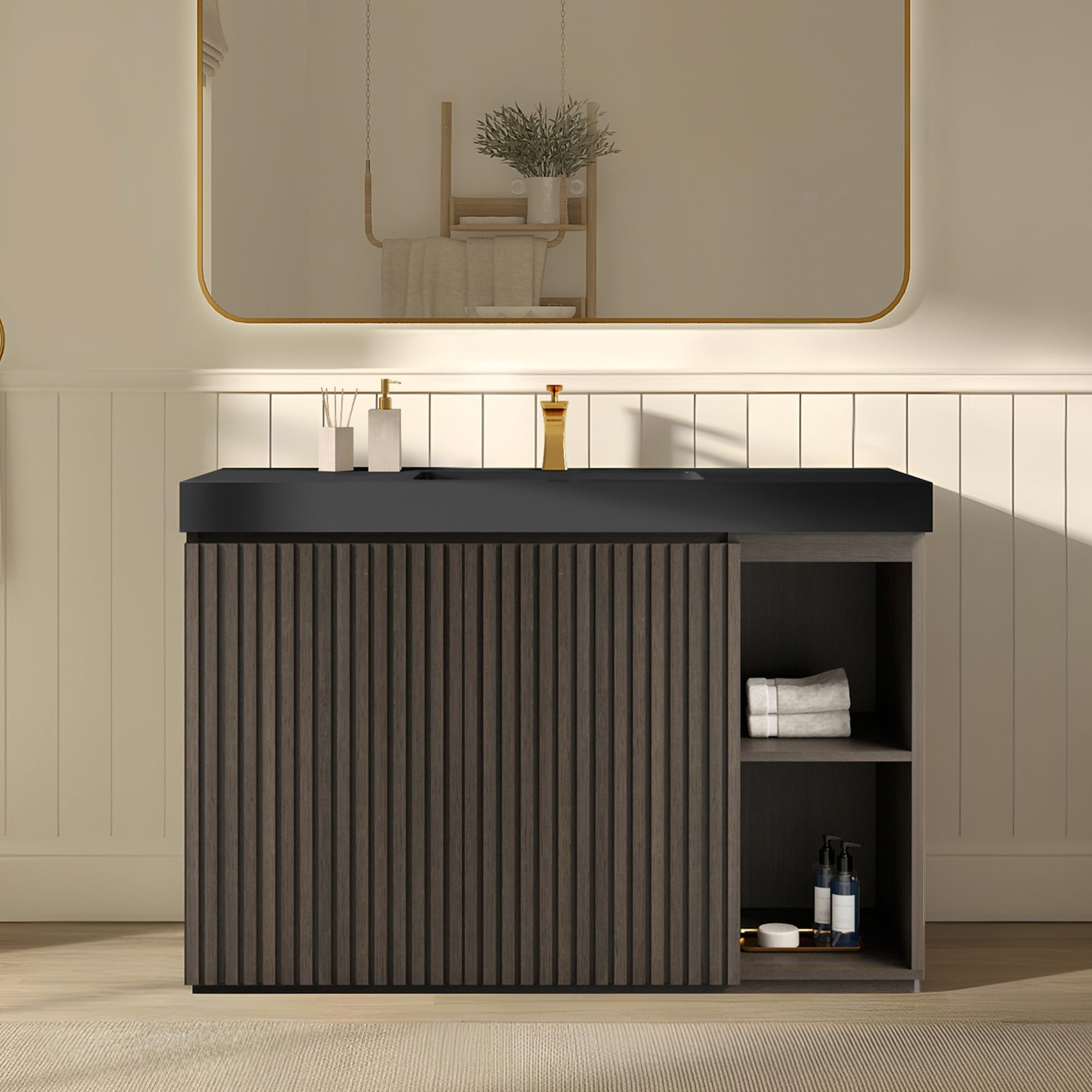 60" Bathroom Vanity with Double Sink, Freestanding Double Sink Bathroom Vanity with White Engineered Stone Top, Open Storage Cabinet & Adjustable Shelf, 4 Soft-Closing Doors, Smoked Oak Brown
