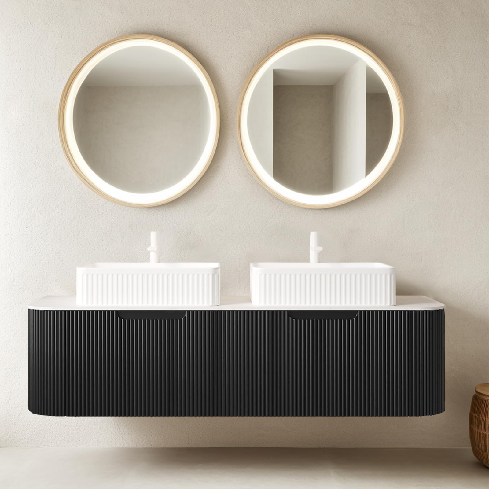 24-Inch Modern Bathroom Vanity with Sink, Floating Cabinet with Ultra-Thin Ceramic Basin and Marble Top, Extra Large Storage Drawer, Soft-Close Design, Nature Wood