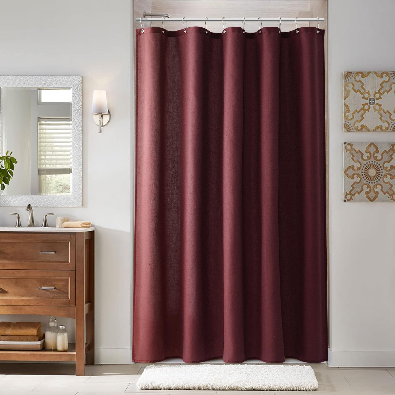 Naturoom Natural Linen Shower Curtain, Country Boho Farmhouse Bath Decor Beige Shower Curtains for Bathroom Neutral Cloth Weighted Textured Fabric Bath Curtain Liner with Hooks, Cream, 72 Inch