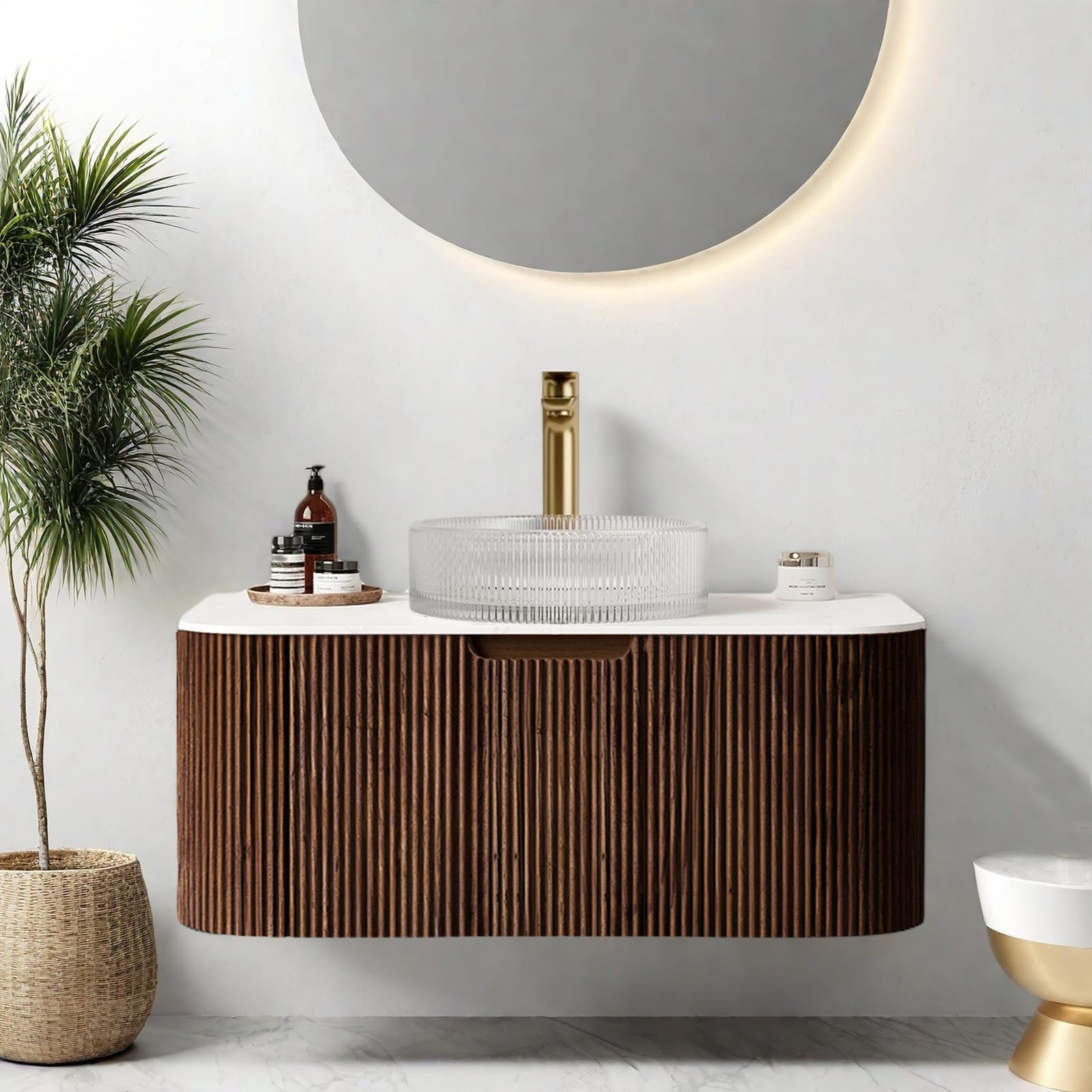 24-Inch Modern Bathroom Vanity with Sink, Floating Cabinet with Ultra-Thin Ceramic Basin and Marble Top, Extra Large Storage Drawer, Soft-Close Design, Nature Wood