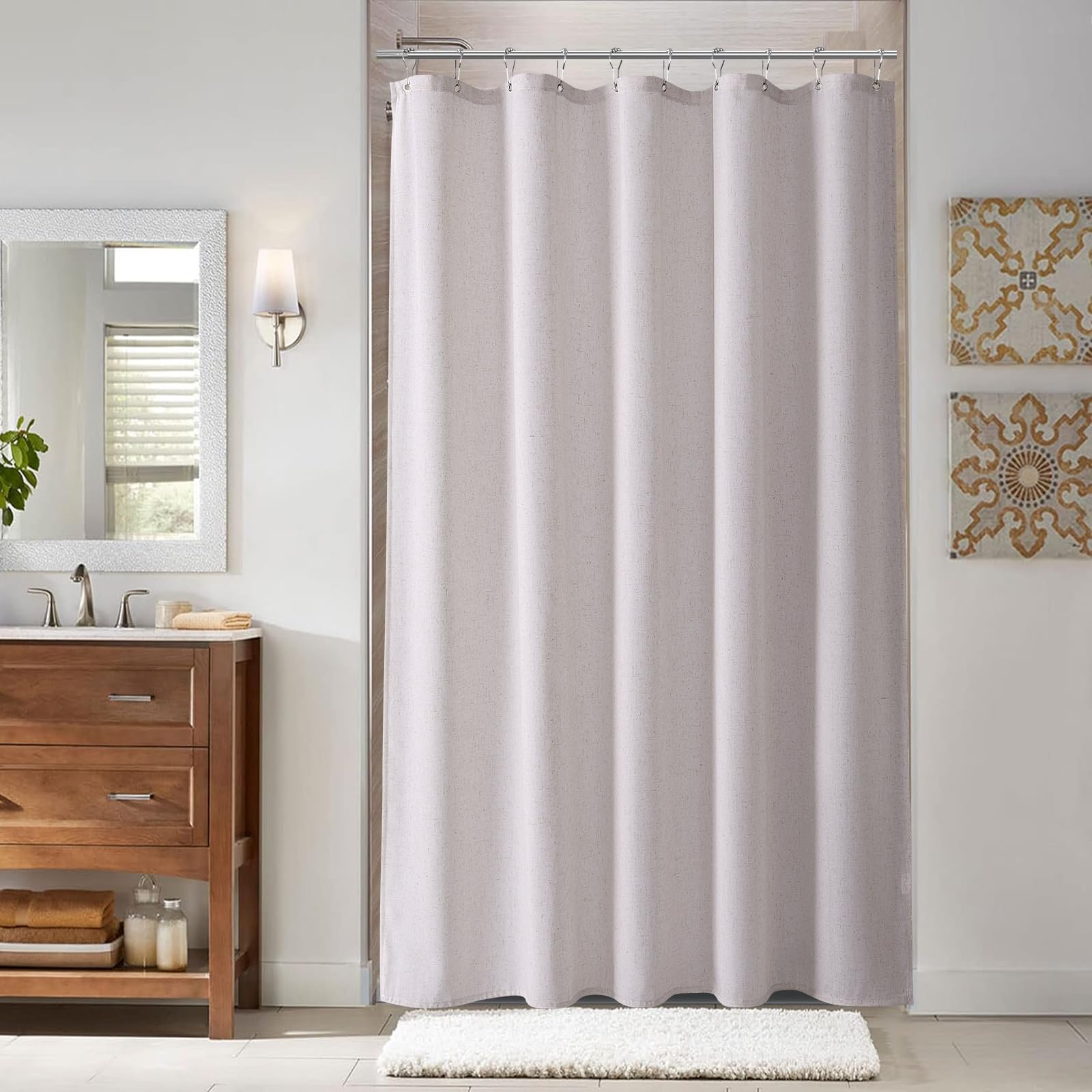 Naturoom Natural Linen Shower Curtain, Country Boho Farmhouse Bath Decor Beige Shower Curtains for Bathroom Neutral Cloth Weighted Textured Fabric Bath Curtain Liner with Hooks, Cream, 72 Inch