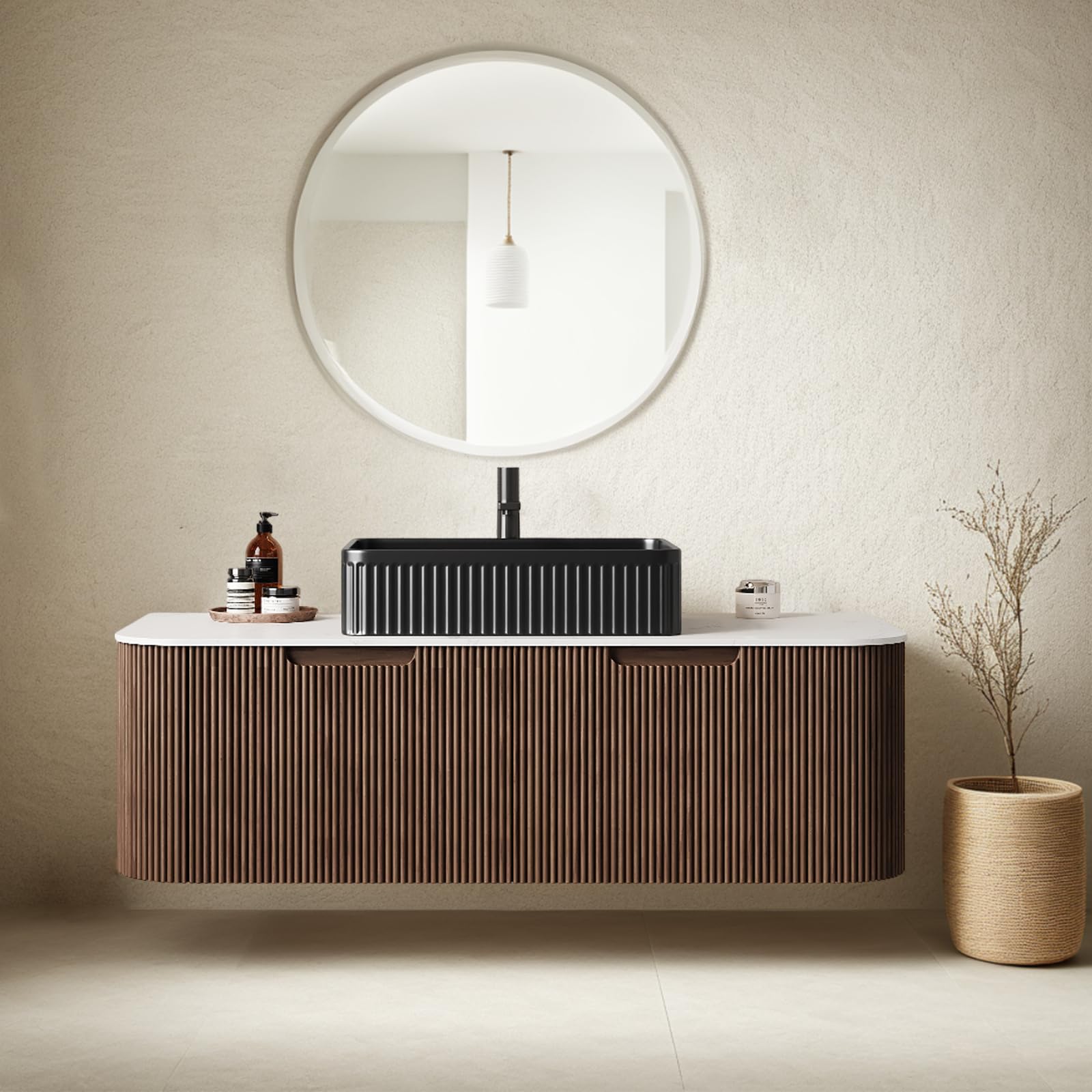 24-Inch Modern Bathroom Vanity with Sink, Floating Cabinet with Ultra-Thin Ceramic Basin and Marble Top, Extra Large Storage Drawer, Soft-Close Design, Nature Wood