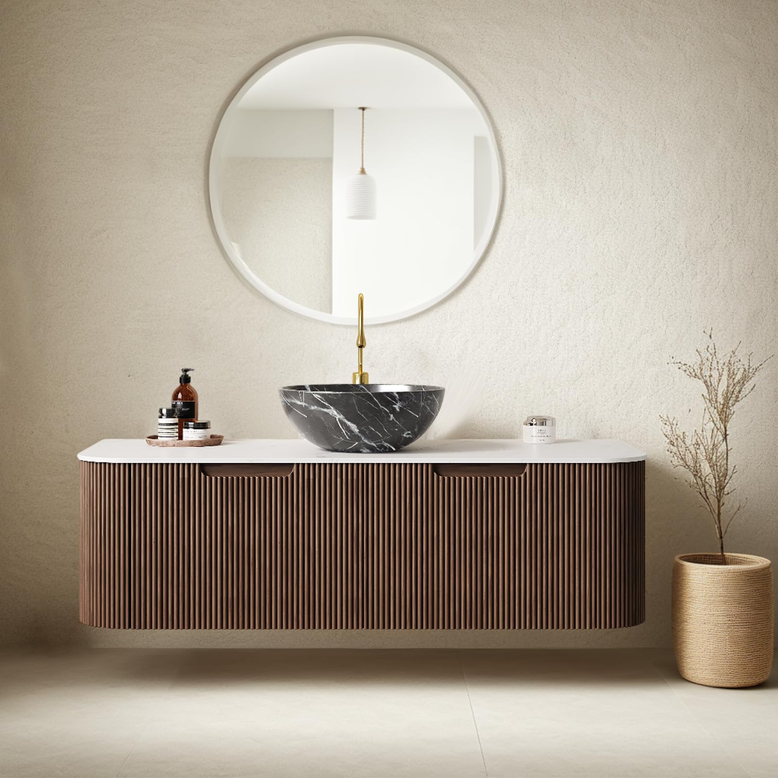 24-Inch Modern Bathroom Vanity with Sink, Floating Cabinet with Ultra-Thin Ceramic Basin and Marble Top, Extra Large Storage Drawer, Soft-Close Design, Nature Wood