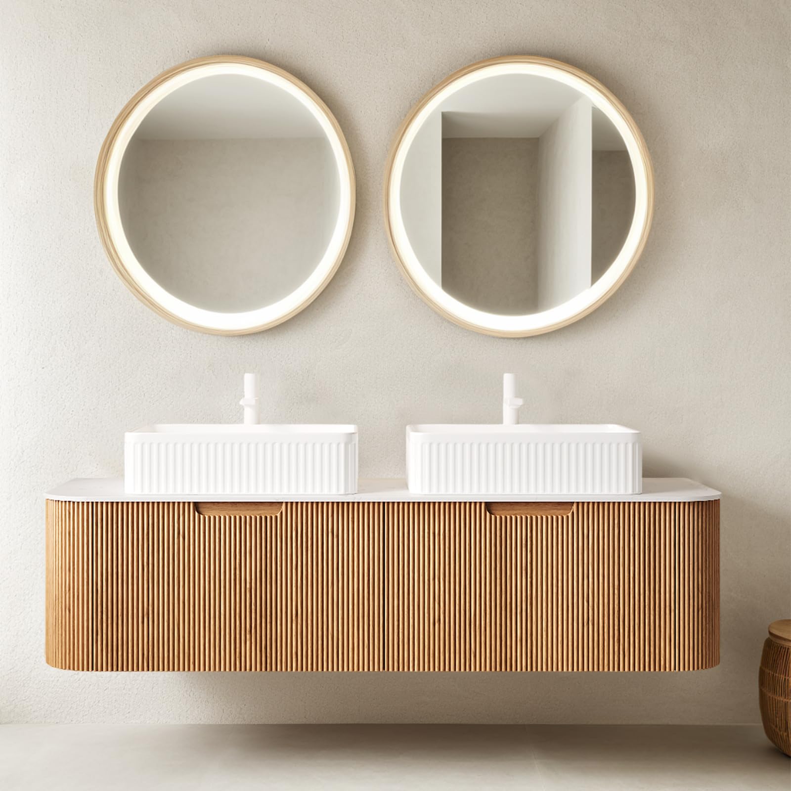 24-Inch Modern Bathroom Vanity with Sink, Floating Cabinet with Ultra-Thin Ceramic Basin and Marble Top, Extra Large Storage Drawer, Soft-Close Design, Nature Wood
