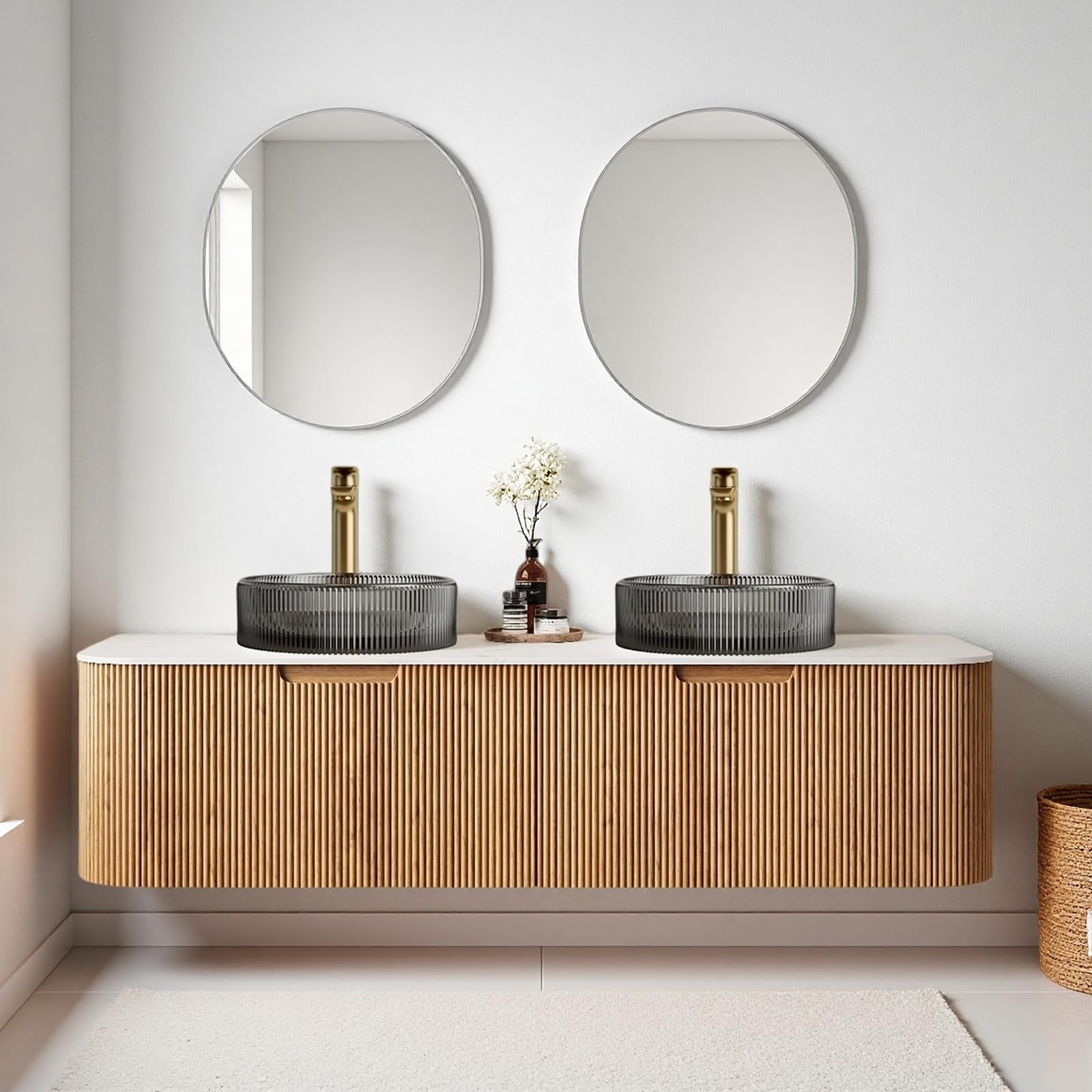 24-Inch Modern Bathroom Vanity with Sink, Floating Cabinet with Ultra-Thin Ceramic Basin and Marble Top, Extra Large Storage Drawer, Soft-Close Design, Nature Wood