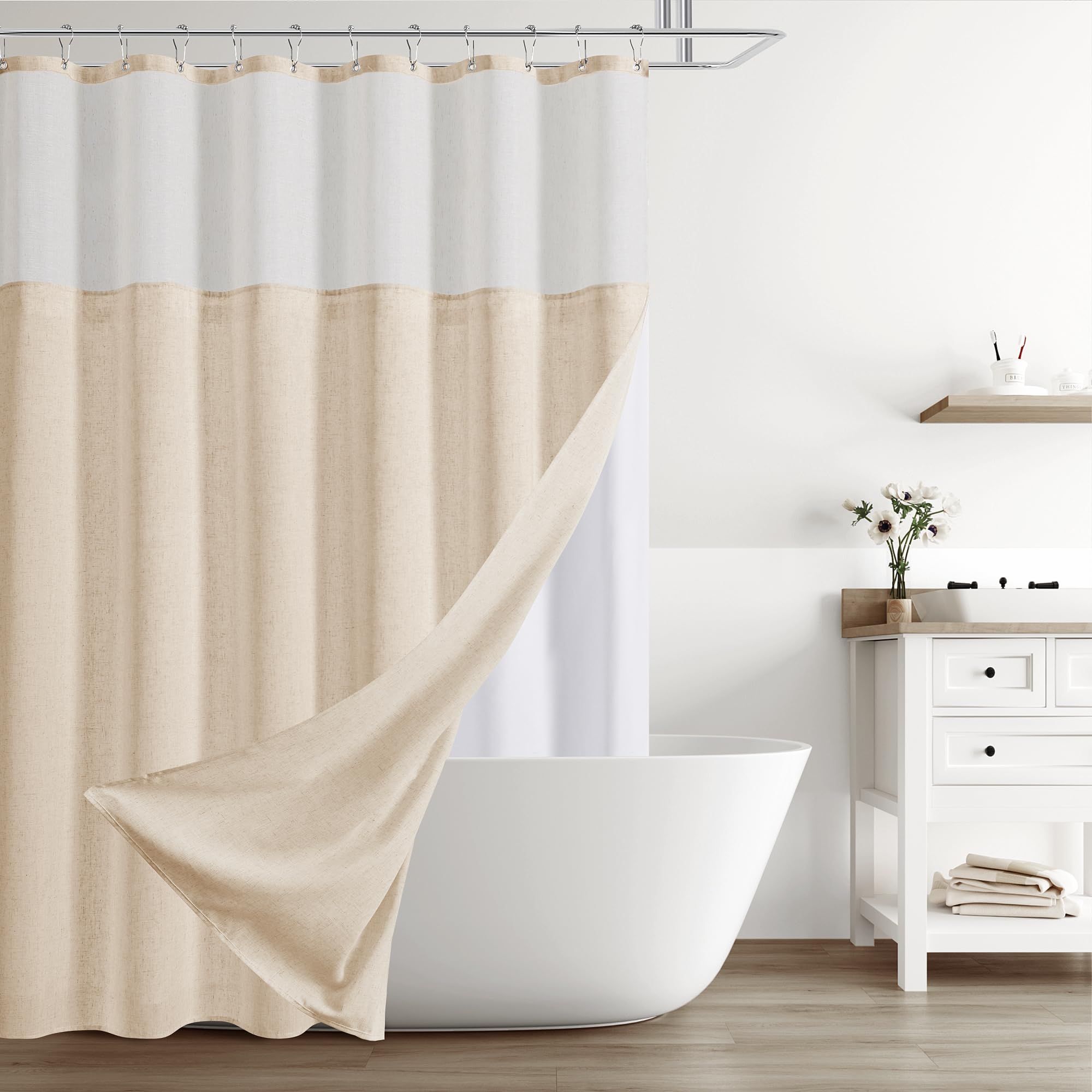 Naturoom Natural Linen Shower Curtain, Country Boho Farmhouse Bath Decor Beige Shower Curtains for Bathroom Neutral Cloth Weighted Textured Fabric Bath Curtain Liner with Hooks, Cream, 72 Inch
