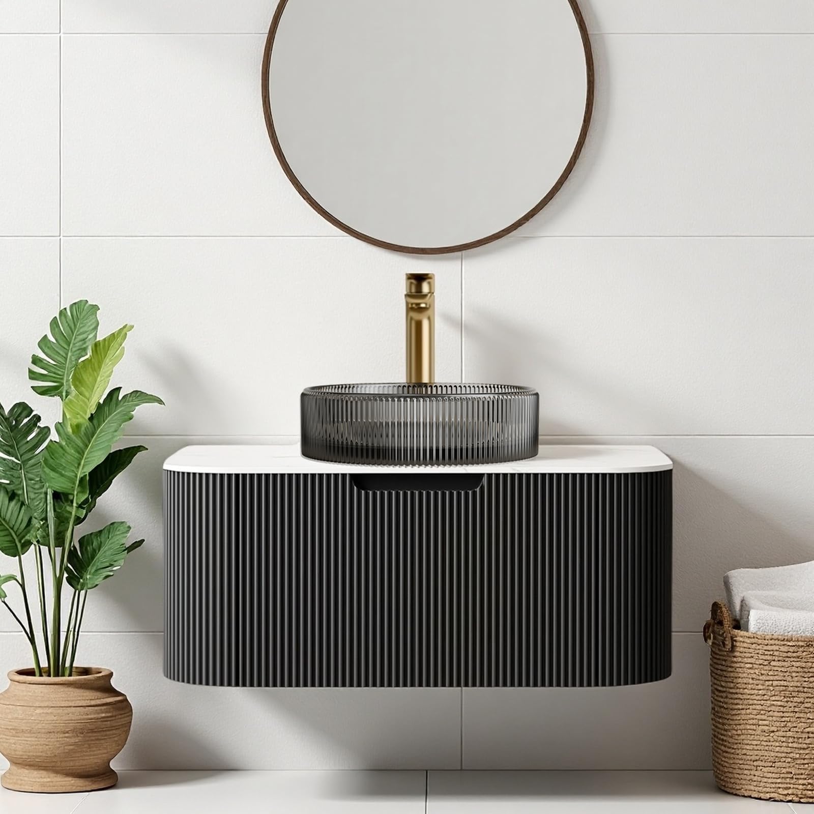 24-Inch Modern Bathroom Vanity with Sink, Floating Cabinet with Ultra-Thin Ceramic Basin and Marble Top, Extra Large Storage Drawer, Soft-Close Design, Nature Wood