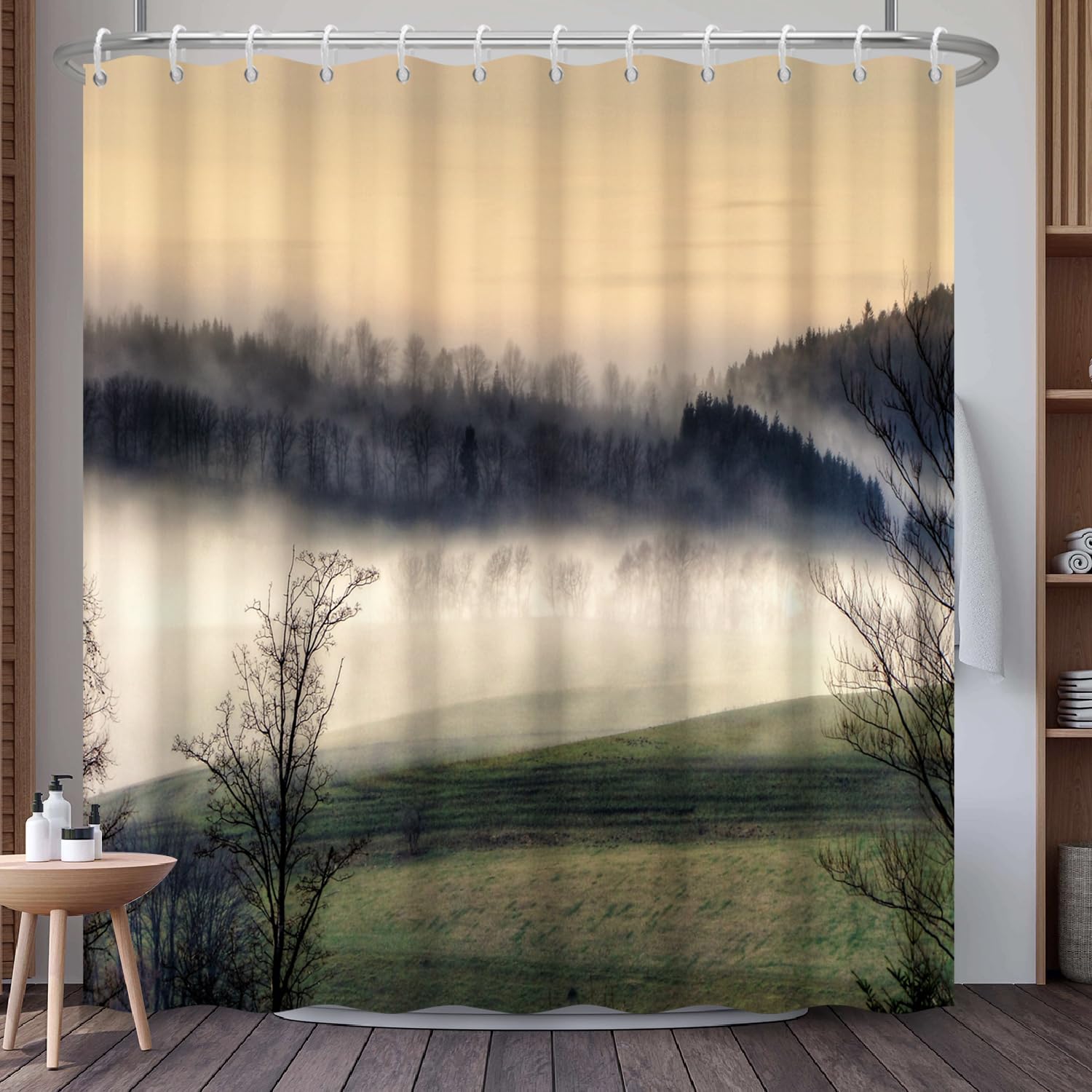 Mountain Landscape Shower Curtain with Hooks, Zen Inspired Design with Birds & Scenic Path, Waterproof Fabric Bath Curtain for Nature Lovers Bathroom Decor, 71x74 Inch