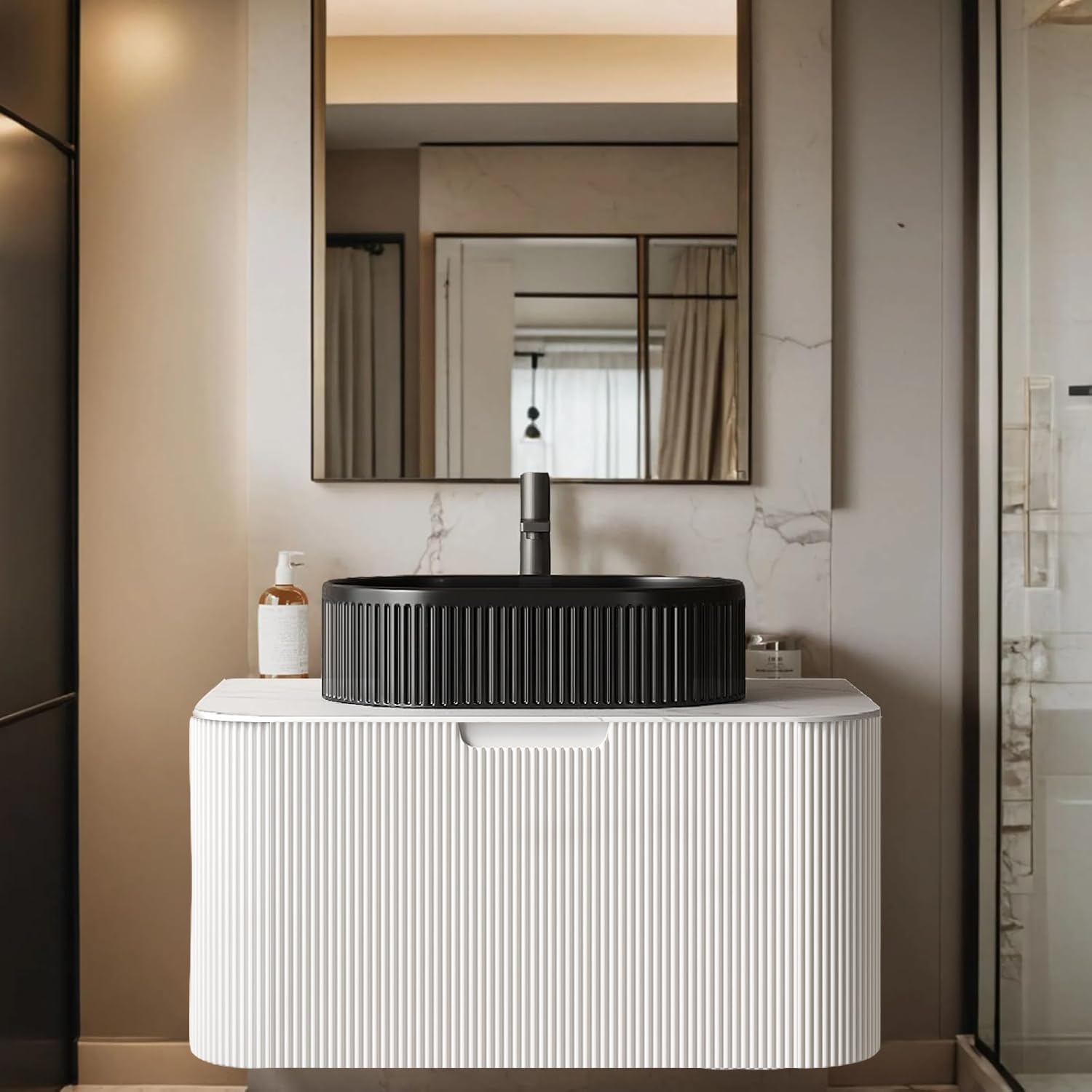 24-Inch Modern Bathroom Vanity with Sink, Floating Cabinet with Ultra-Thin Ceramic Basin and Marble Top, Extra Large Storage Drawer, Soft-Close Design, Nature Wood