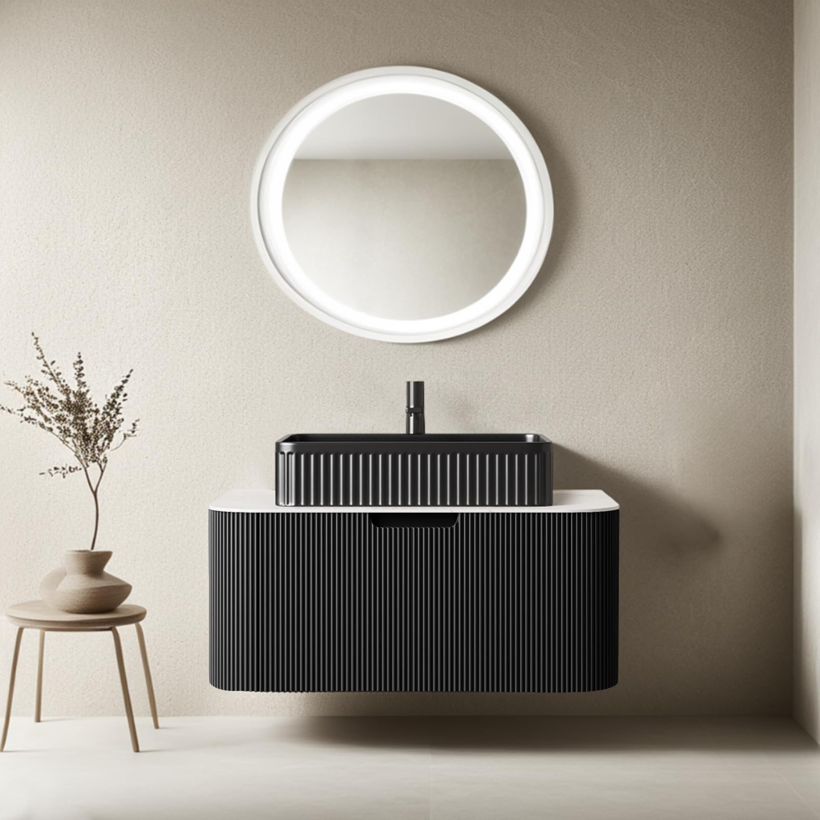 24-Inch Modern Bathroom Vanity with Sink, Floating Cabinet with Ultra-Thin Ceramic Basin and Marble Top, Extra Large Storage Drawer, Soft-Close Design, Nature Wood