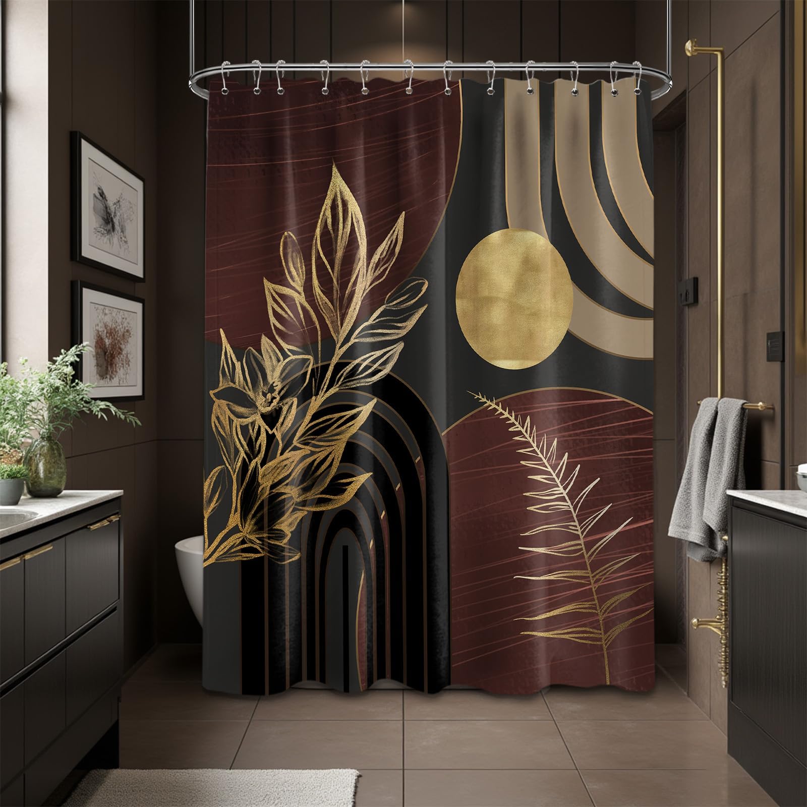 Mid Century Modern Black and Brown Shower Curtain Boho Beige and Dark Tan Gold Shower Curtains for Mens Bathroom Decor Sets, Waterproof Cloth Fabric with Hooks, 70x72in